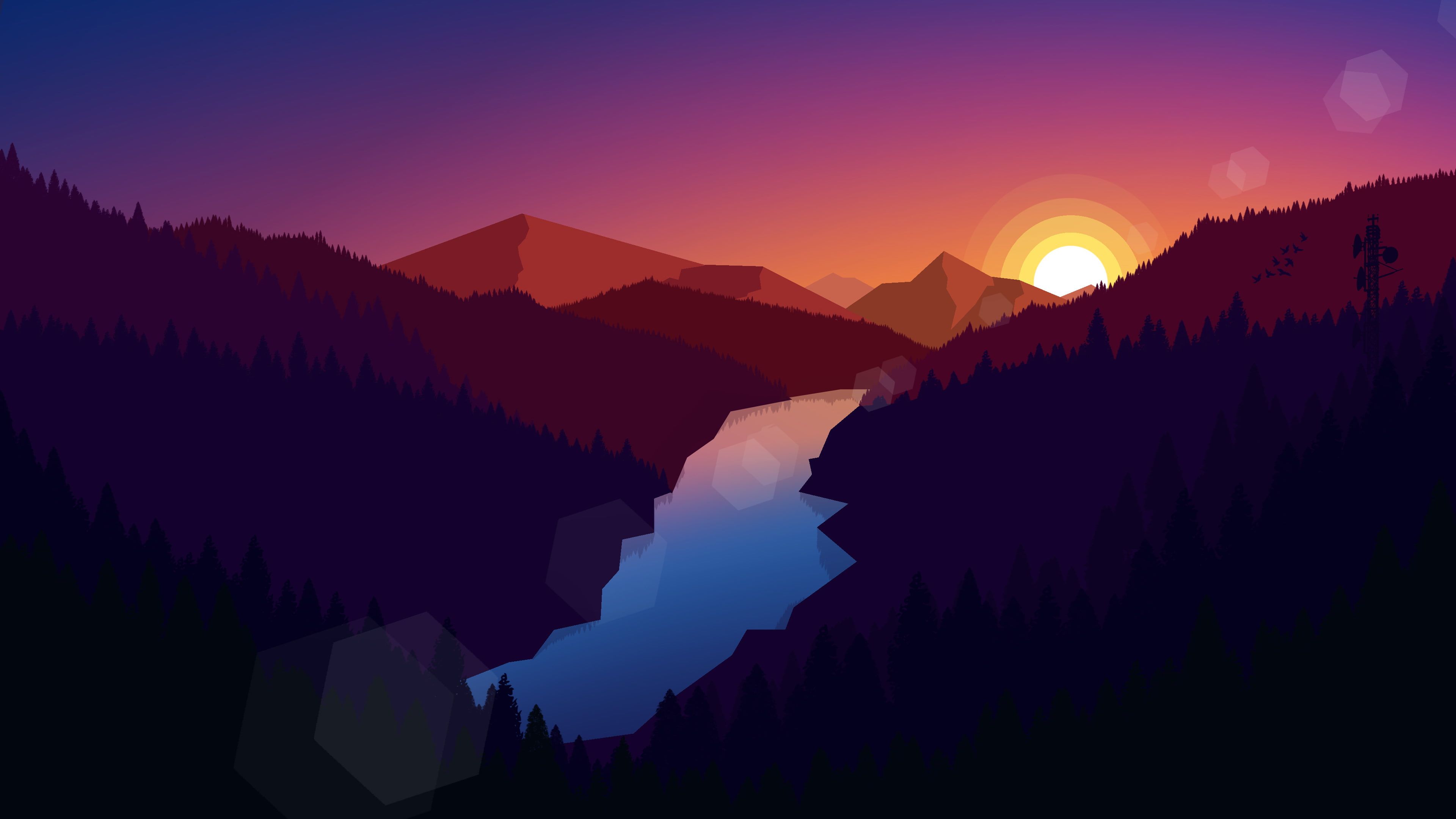 illustration #landscape #mountains #nature #sunset #river digital art polygon art K. Minimalist desktop wallpaper, Desktop wallpaper art, 3840x2160 wallpaper