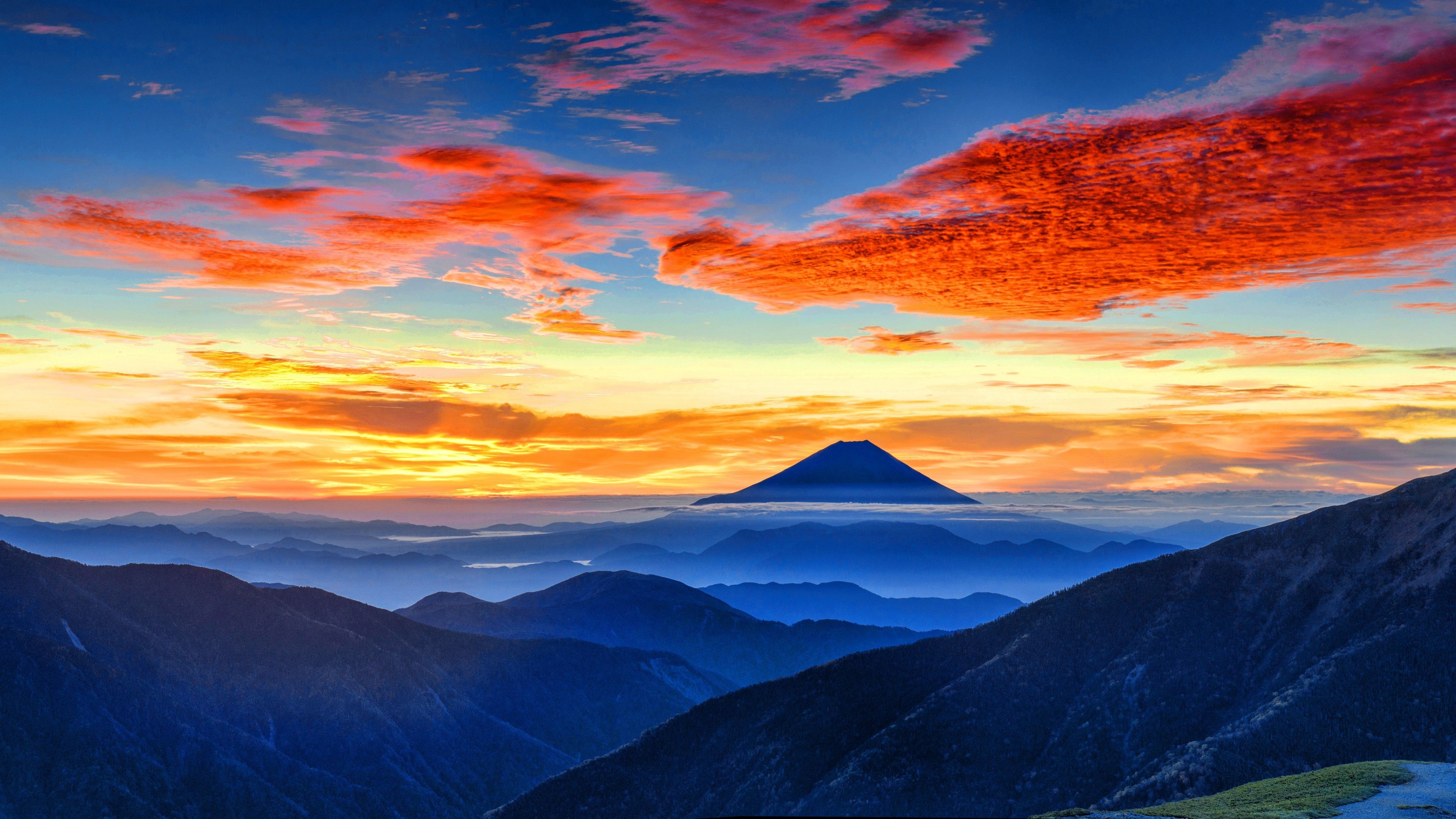 Wallpaper Mount Fuji, Mountains, Sunset, Landscape, Panorama, 4K