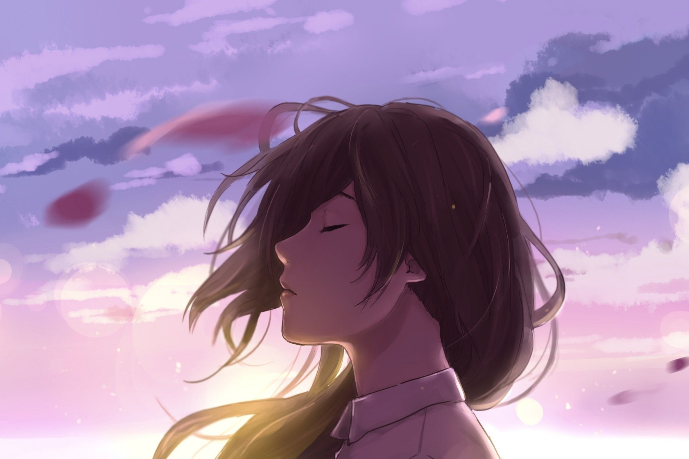 Download 2371x1581 Anime Girl, Closed Eyes, Profile View, Scenic