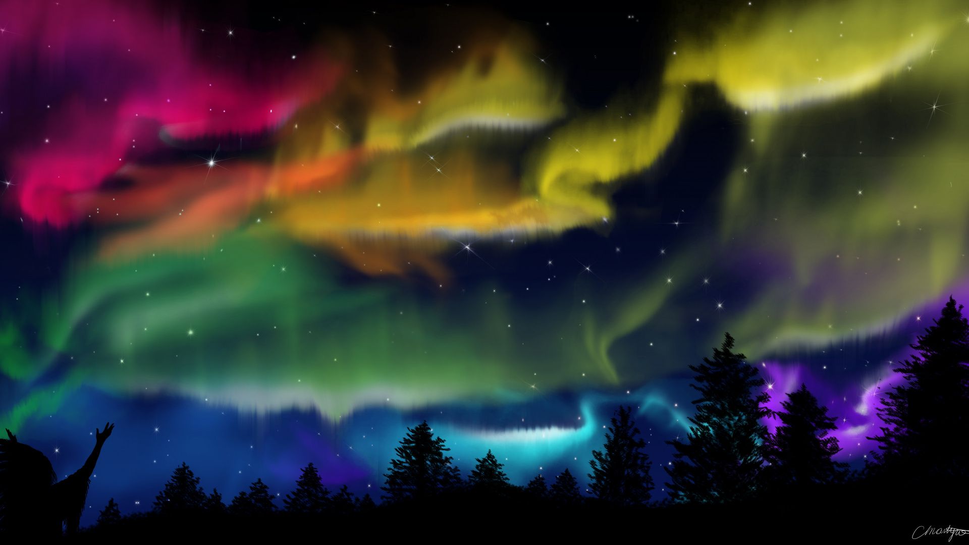 Download Northern lights, forest, colorful sky, silhouette