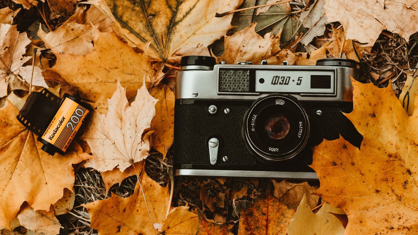 Download wallpaper 1366x768 camera, autumn, foliage, retro