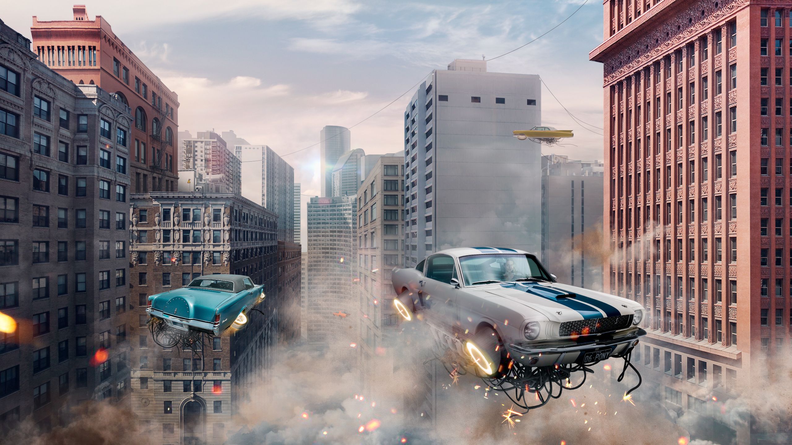 Retro Futuristic Cars Flying In The City 1440P