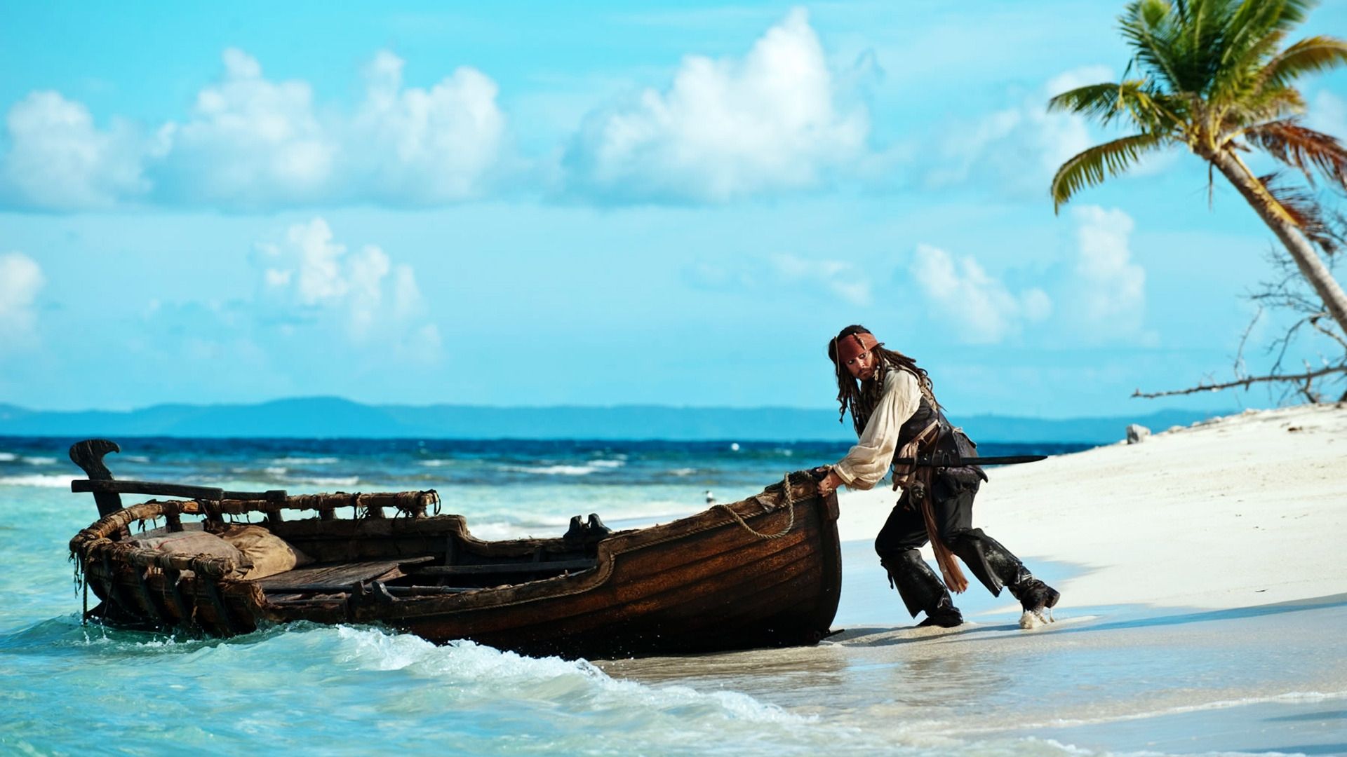 Jack Sparrow Pushing Boat Desktop Wallpaper