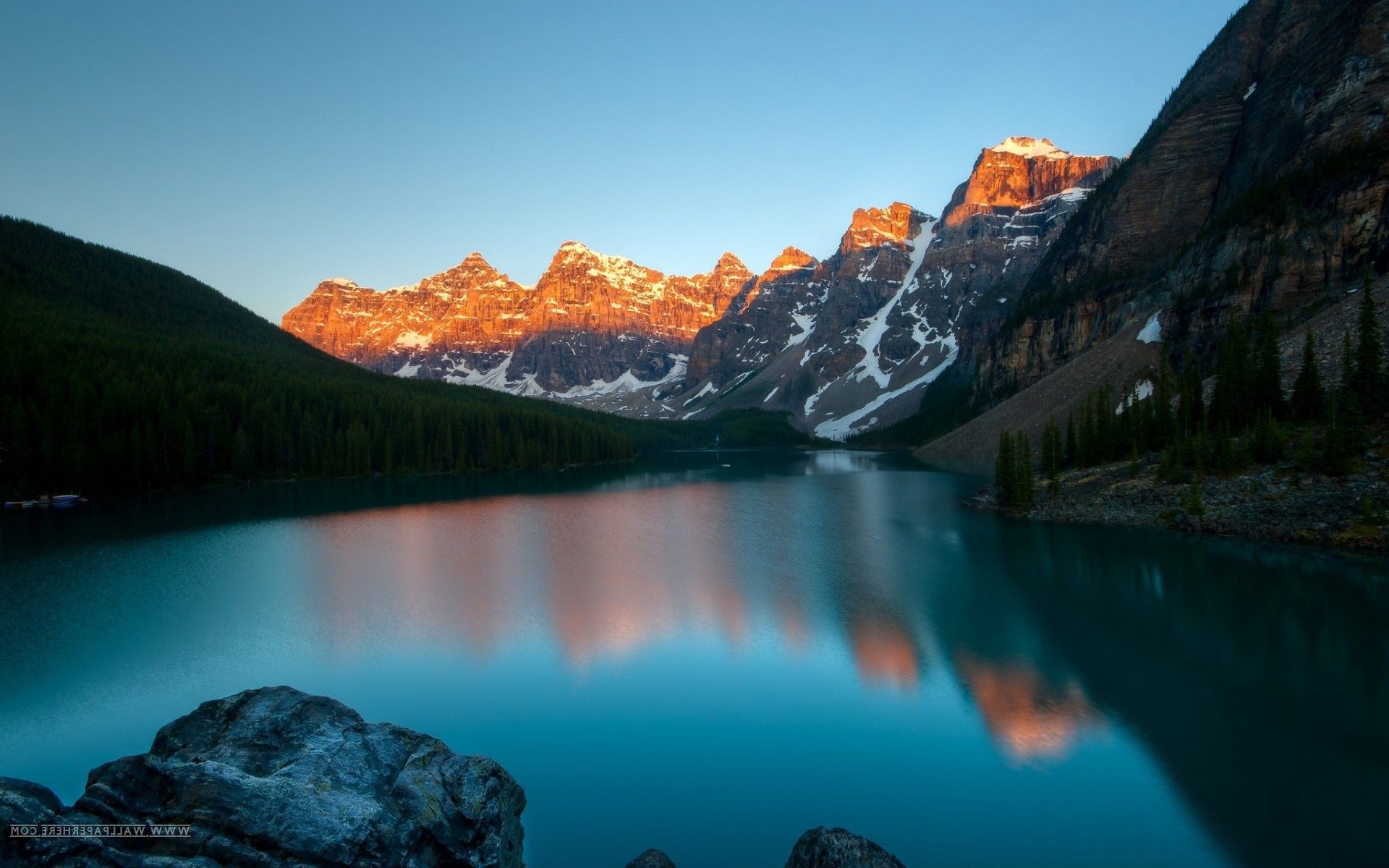landscape, Lake, Sunset, Mountain, Moraine Lake, Banff National