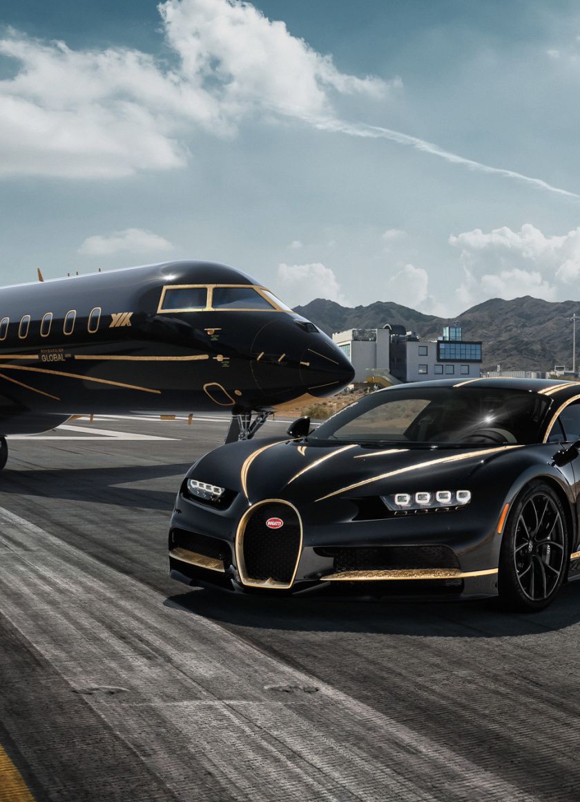 Download Bugatti Chiron and private jet, aircraft wallpaper