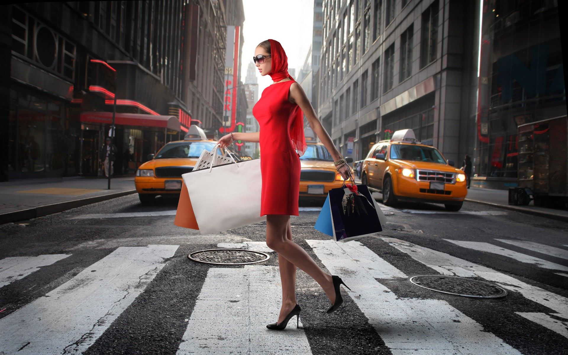 Women streets shopping crossing high heels taxi red dress
