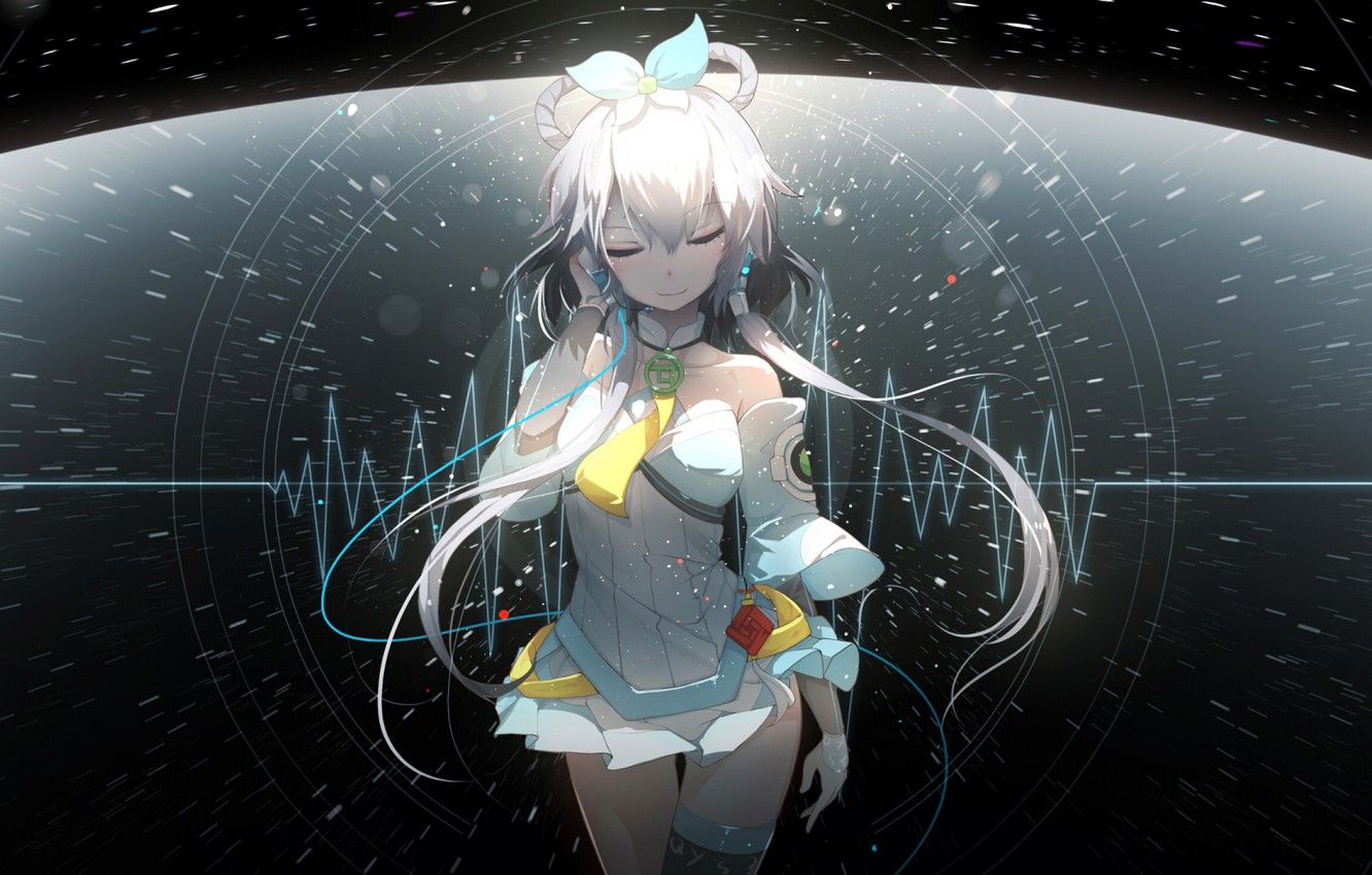 Wallpaper girl, Vocaloid, anime, white hair, Luo Tianyi, closed