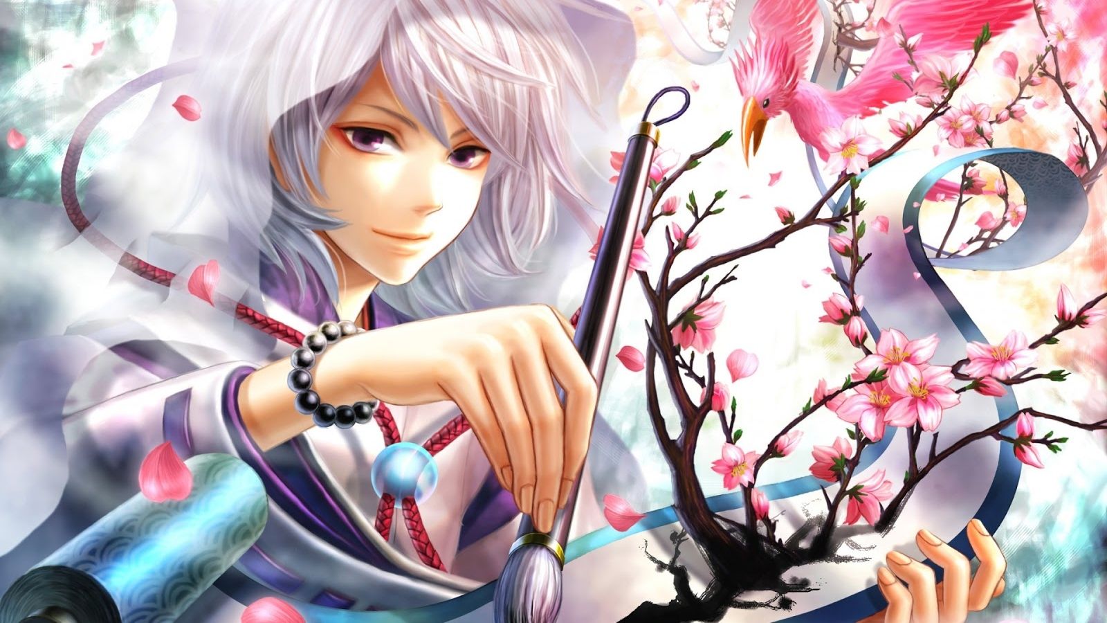 Free download Cute Guy Artist Painting Flowers White Hair Anime HD