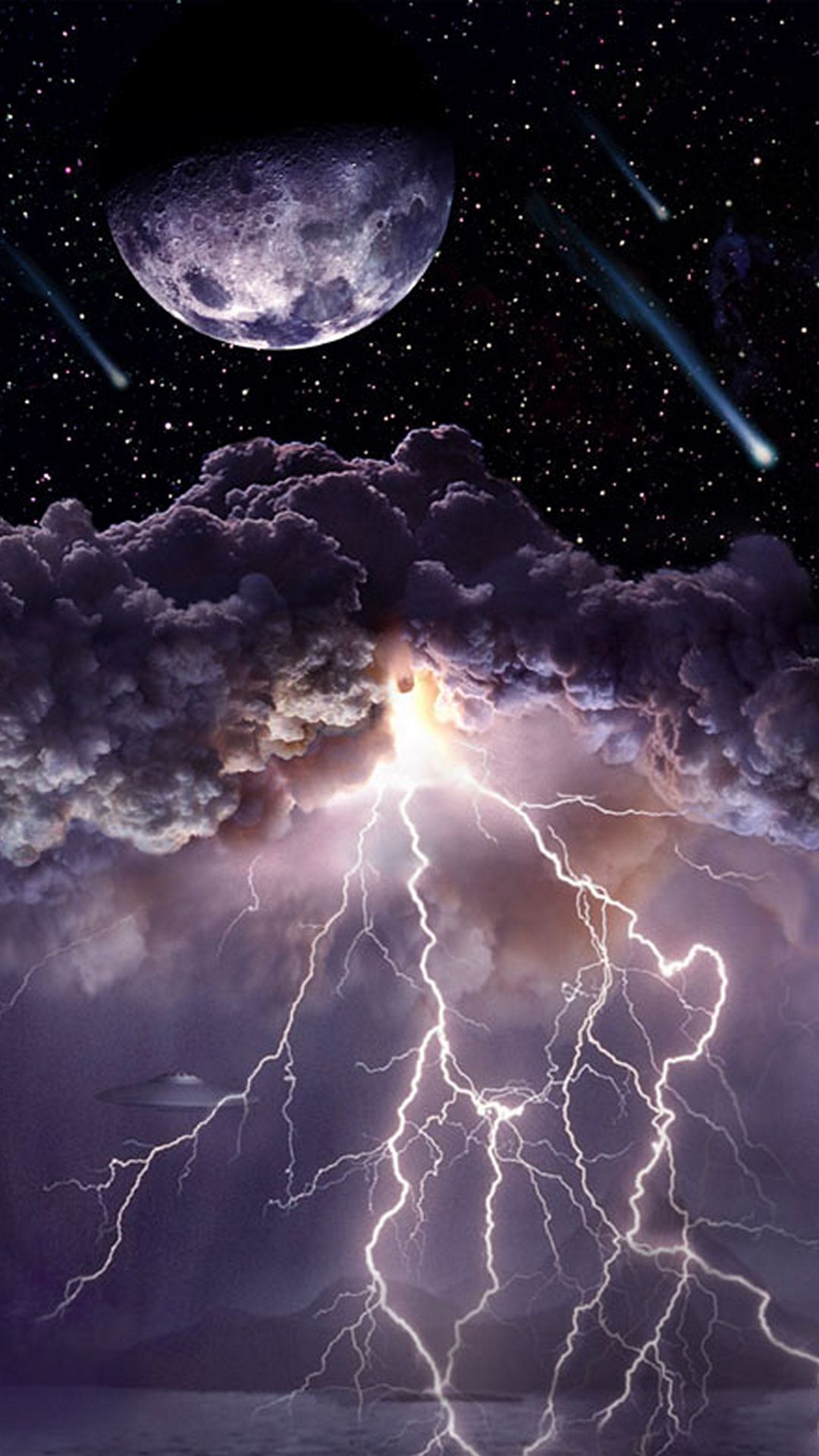 Moon Asteroids Storm Clouds Lightning iPhone 6 Plus HD Wallpaper