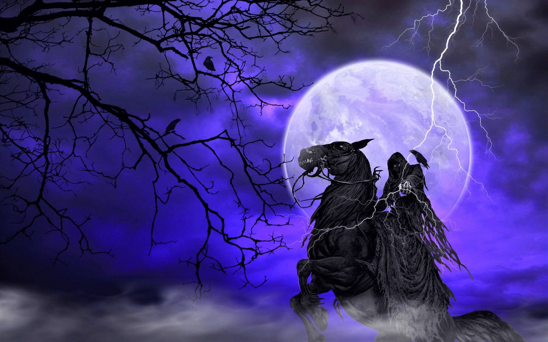Black Dark Death Horse Lightning Moon Night Raven wallpaper