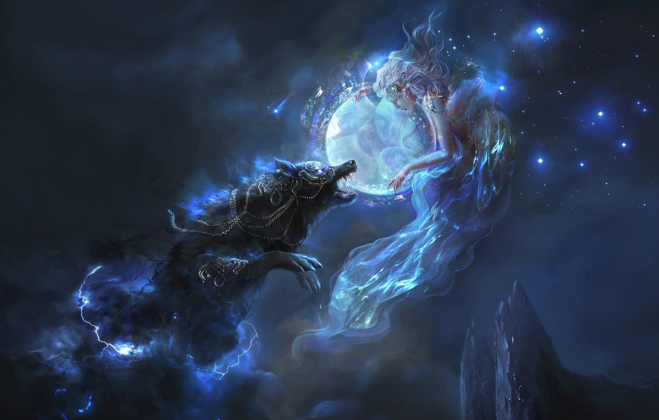 Wallpaper girl, stars, mountains, night, the moon, lightning, wolf image for desktop, section фантастика