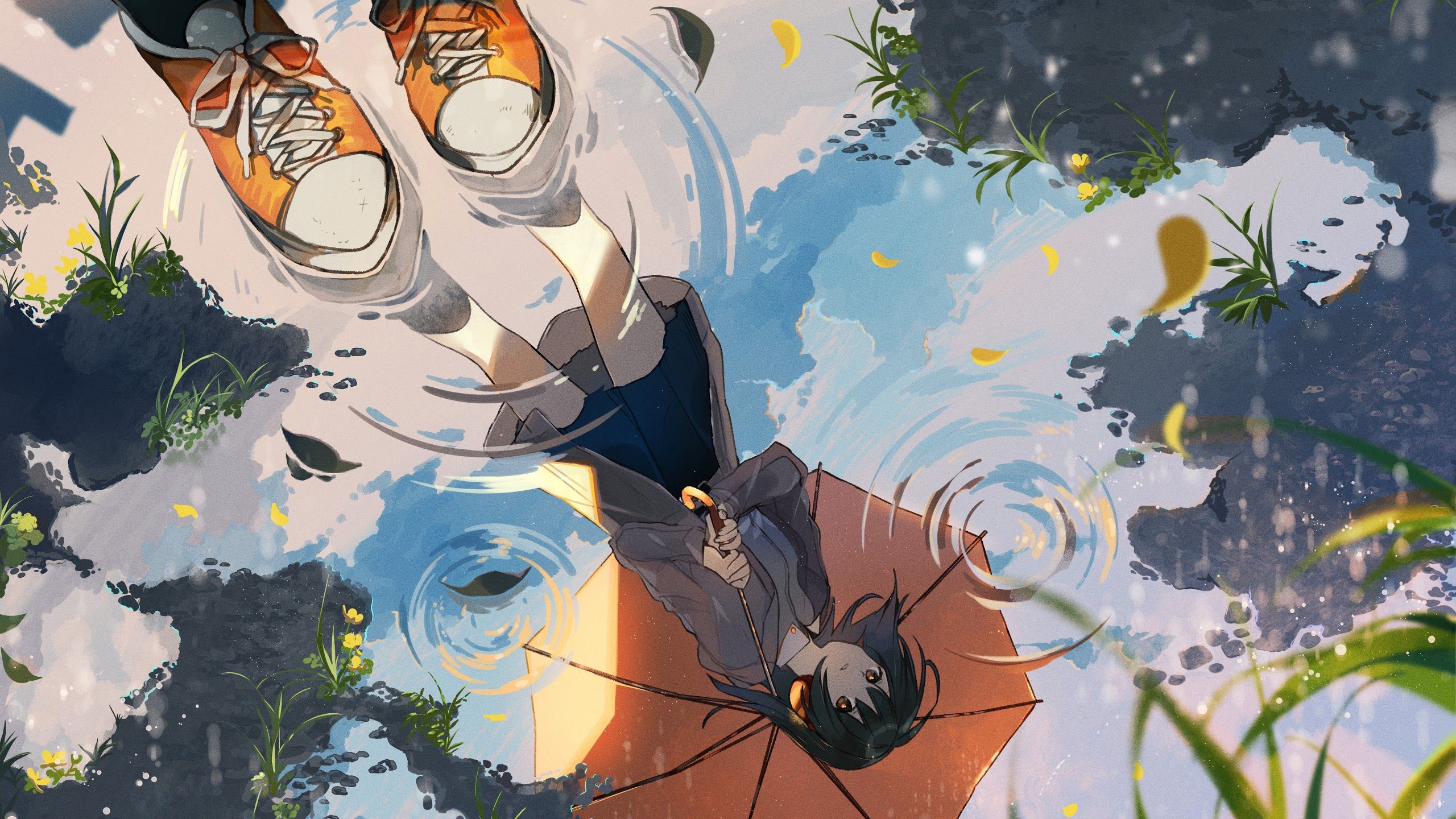 Anime Girl Water Reflection Umbrella 4K Wallpaper