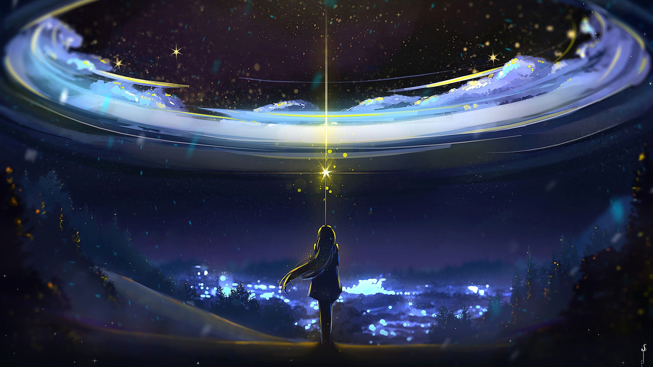 HD desktop wallpaper: Anime, Landscape, Night, Reflection, Starry Sky  download free picture #1043664