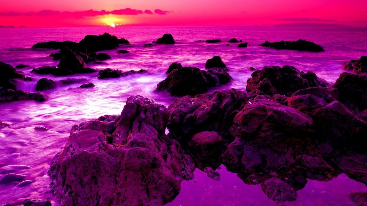 Sunset View Rays Water Beauty Sky Stones Beautiful Wave Purpel