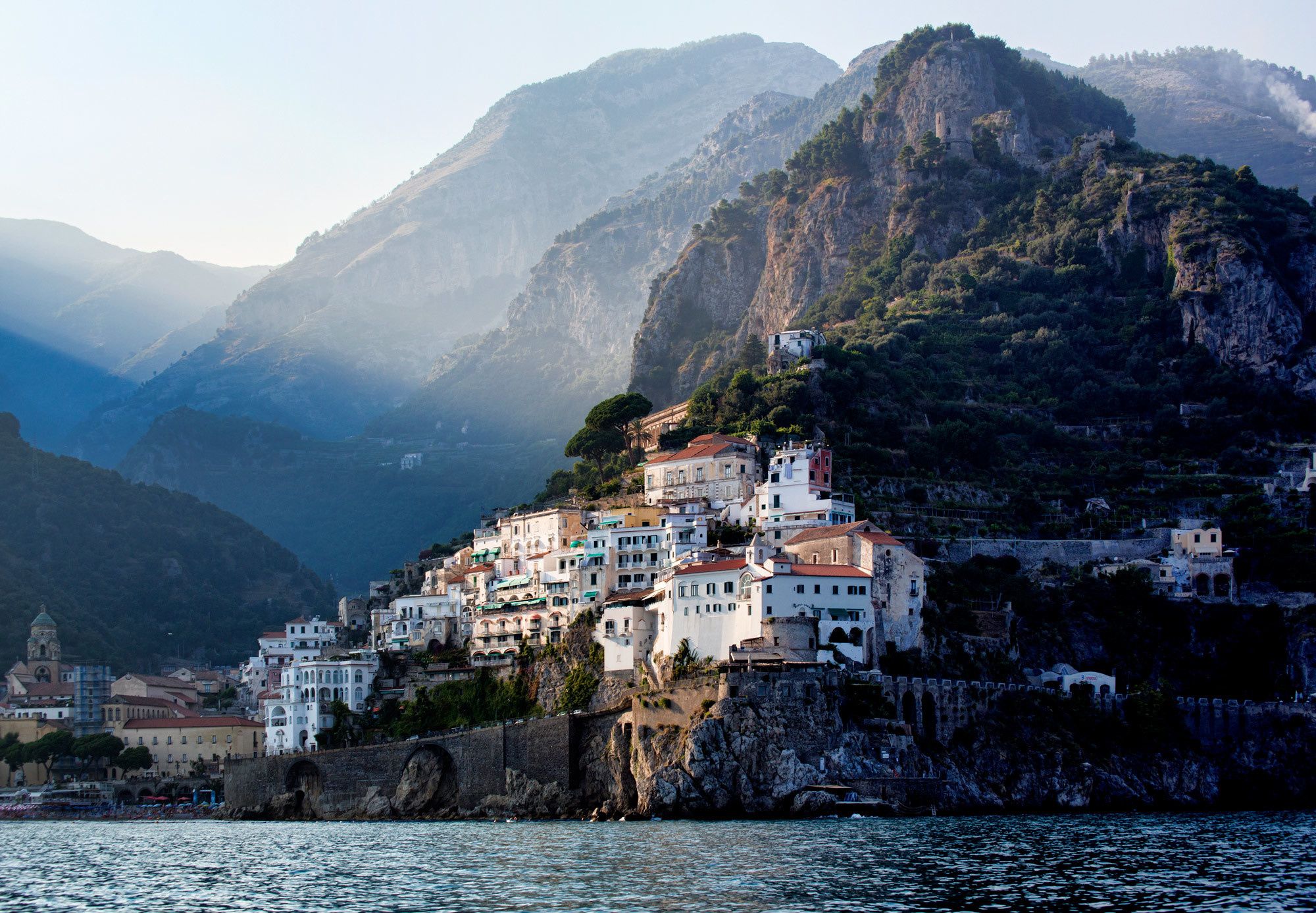 Mediterranean, Amalfi Coast, water, village, mountains, mist