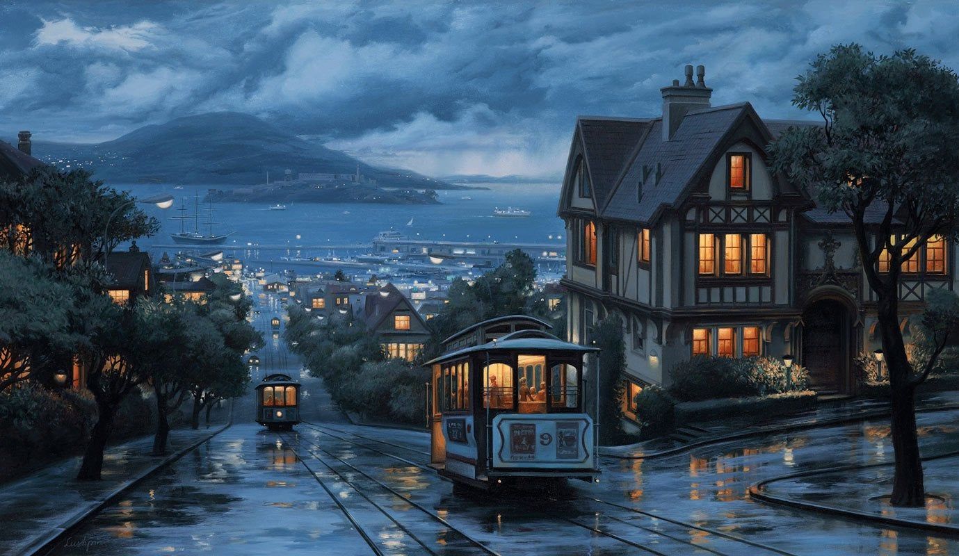 Beautiful Painting of Rainy San Francisco Cable Car Line Does