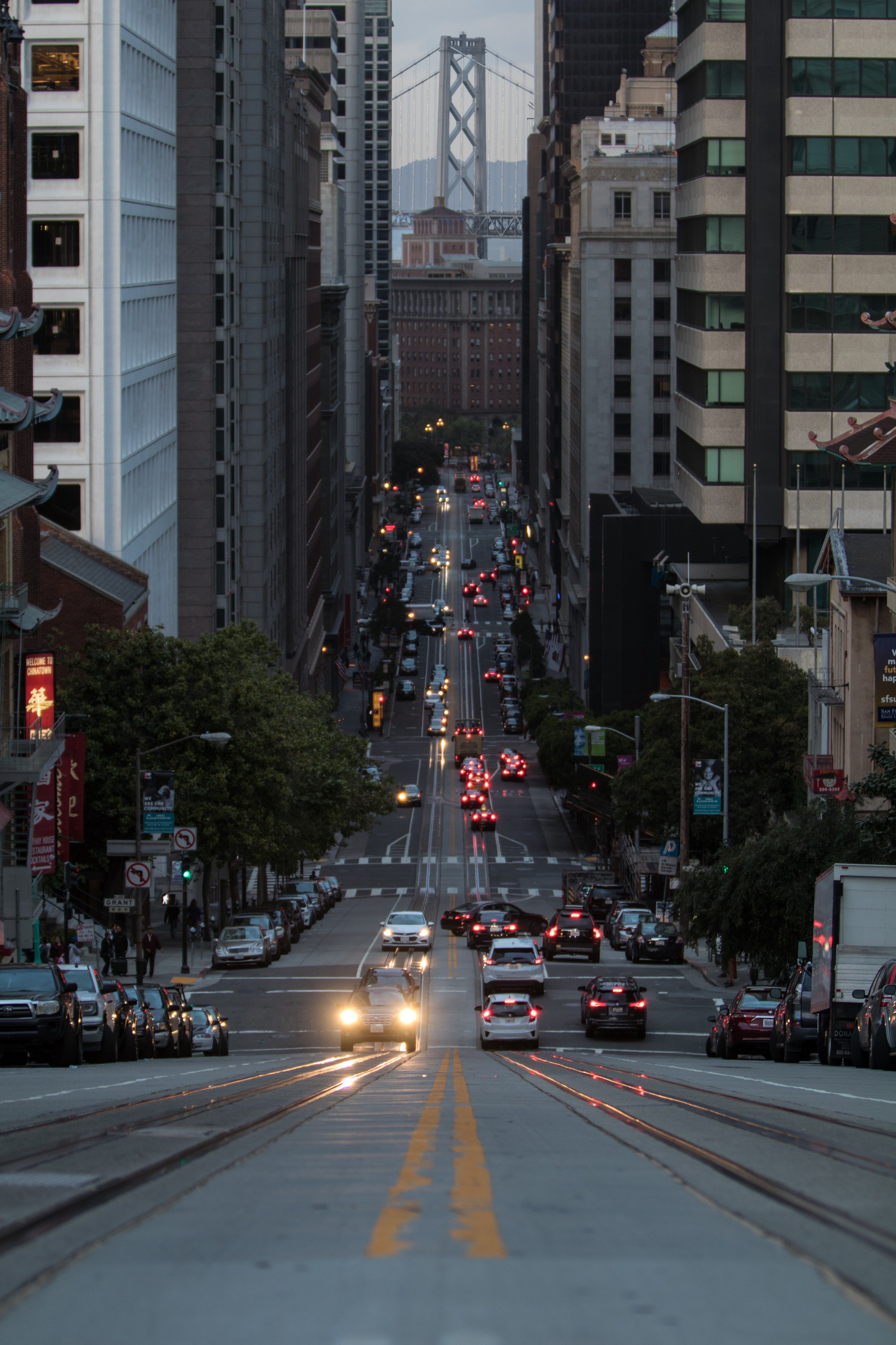 a sloping street in san francisco in the eveningfirst time in san