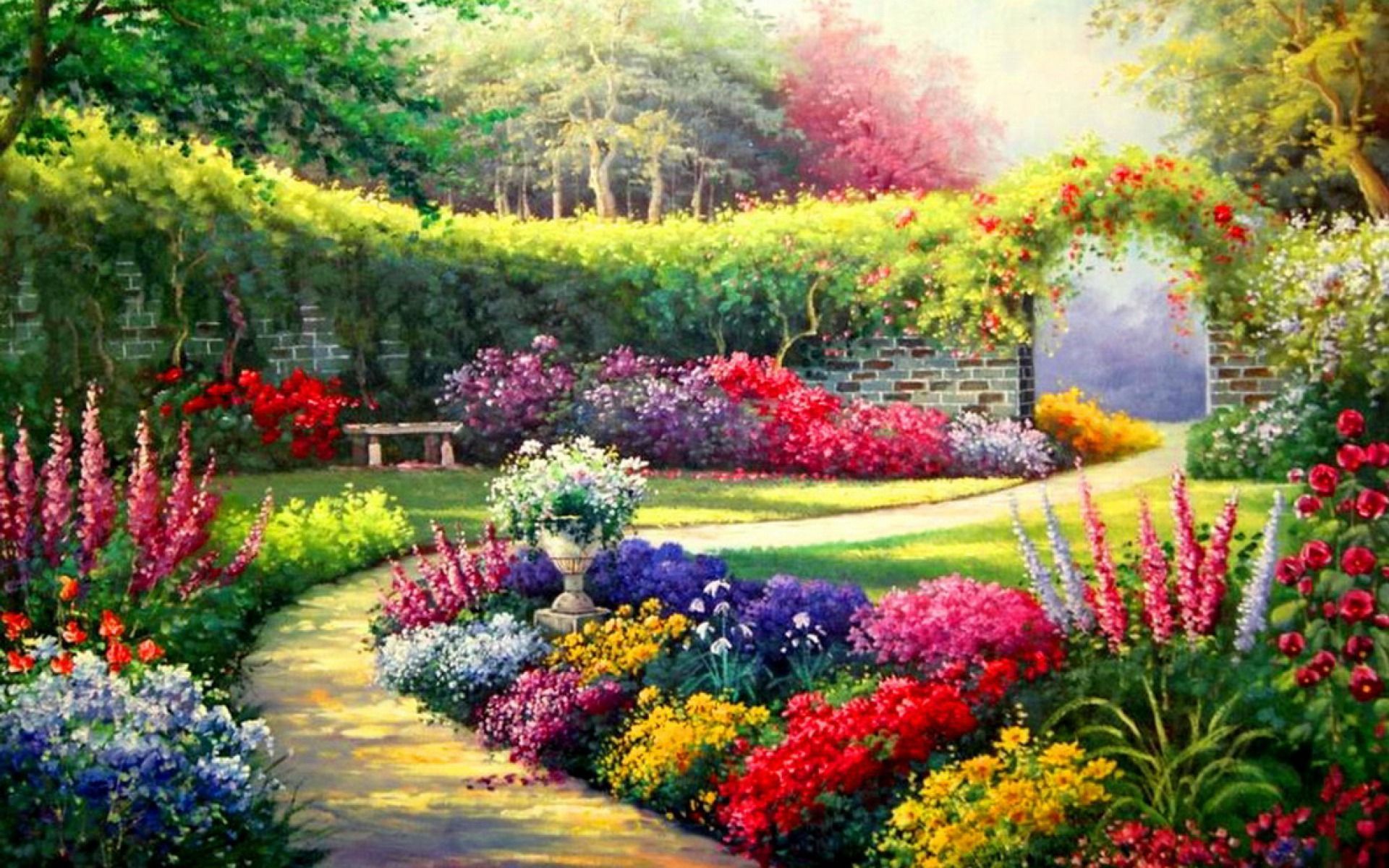 Vivid Flowers Way Entrance Sun. Garden mural, Garden painting