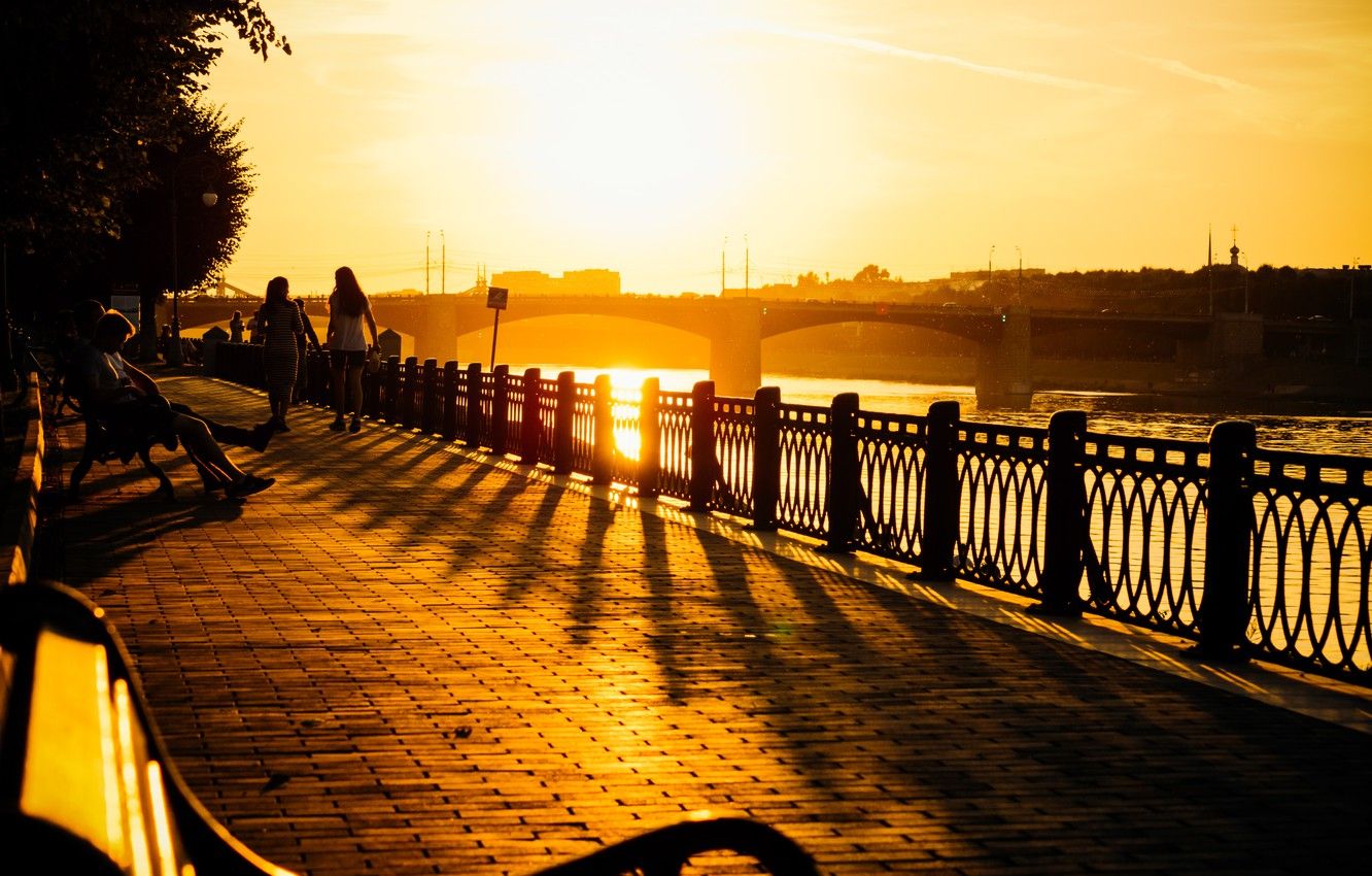 Wallpaper city, light, river, bridge, sunset, young, evening, sun