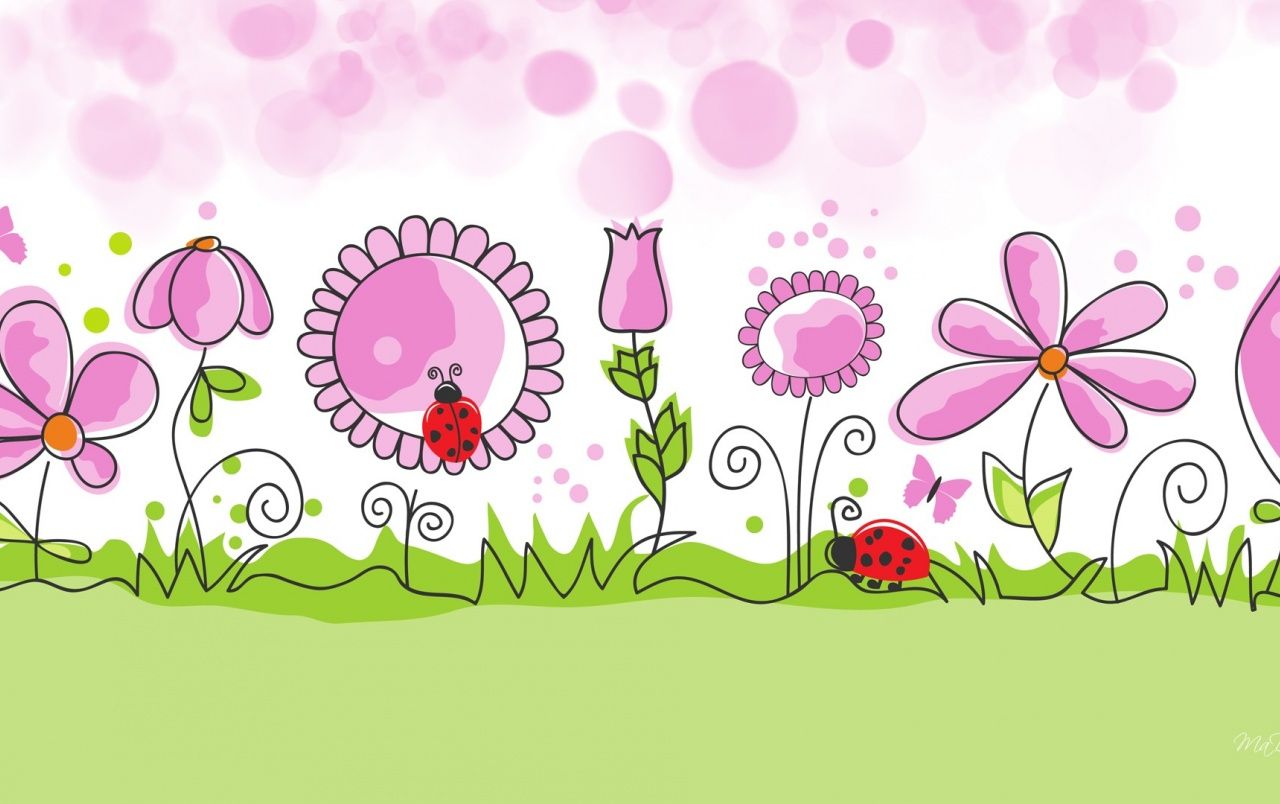 Pink Flowers Lady Bugs Garden wallpaper. Pink Flowers Lady Bugs Garden
