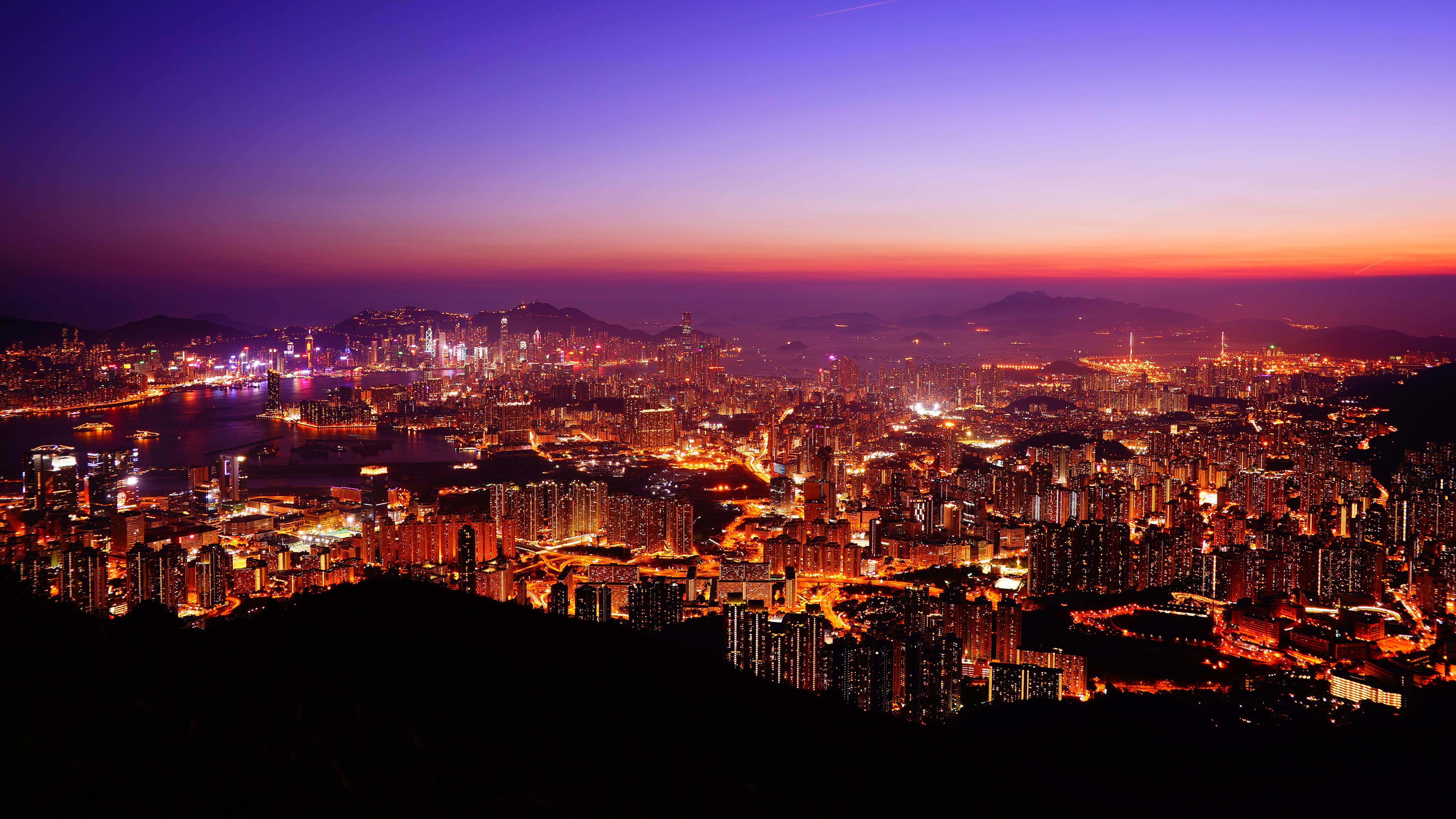 Hong Kong City Sunset 4K HD desktop wallpaper, Widescreen, High