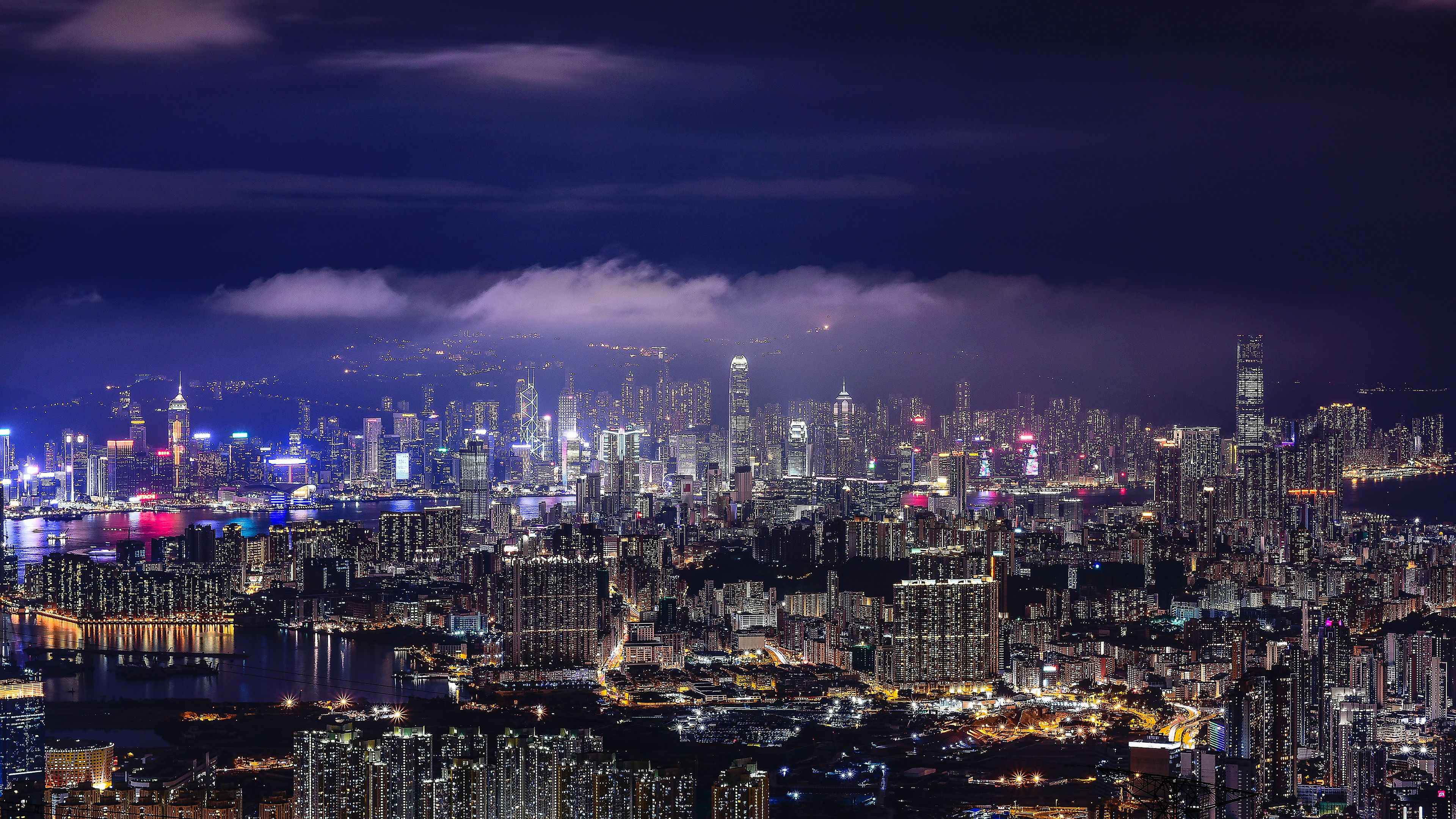 4K Wallpaper Cityscape, Hong Kong, Night, City lights, Skyline