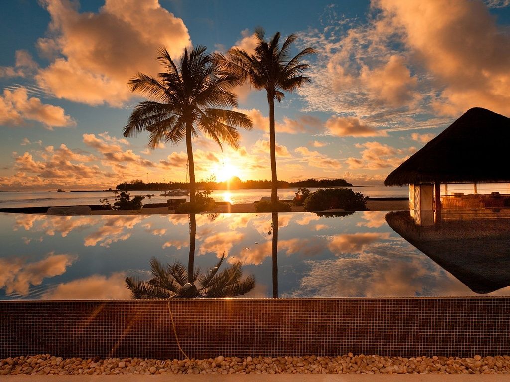 Download Wallpaper Tropical Pool Sunset wallpaper