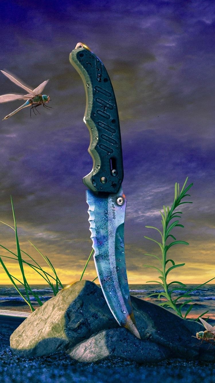 Knife, Dragonfly, Grass, Sea, Clouds, Dusk 750x1334 IPhone 8 7 6