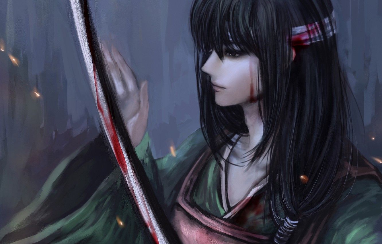 Wallpaper girl, blood, sword, katana, art, bandages, gintama