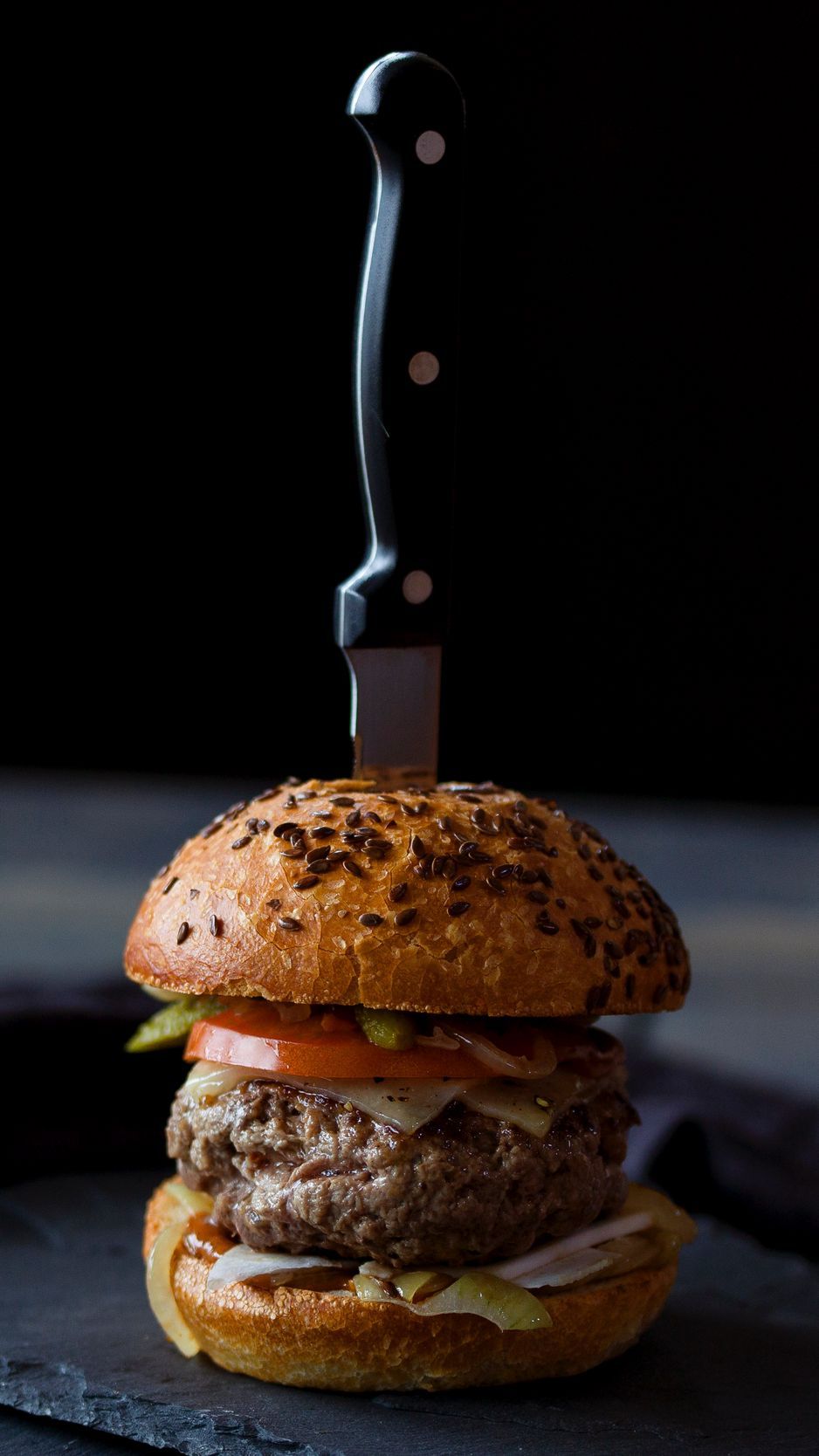 Download wallpaper 938x1668 burger, hamburger, buns, meat, knife