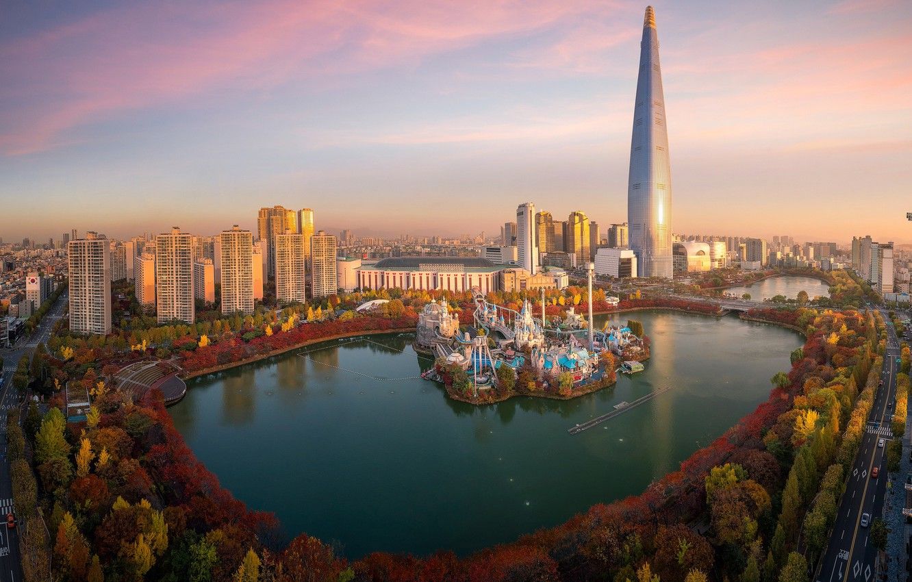 Wallpaper autumn, lake, Park, building, tower, home, South Korea