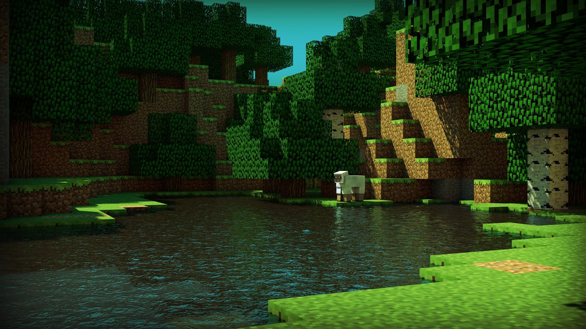 Water trees sheep Minecraft skyscapes cinema 4d terrain tapeta