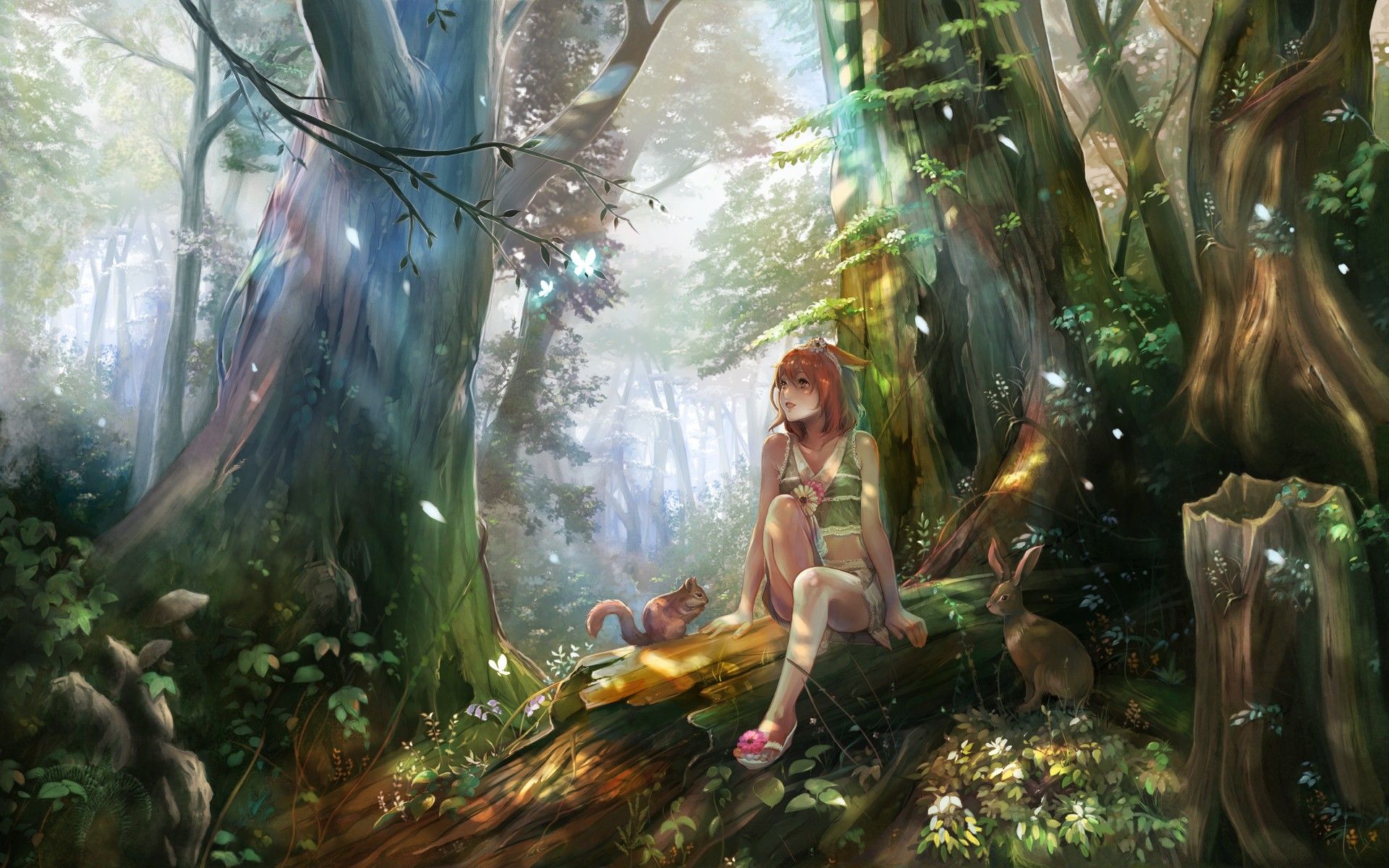 nature forest animals squirrels rabbits anime anime girls