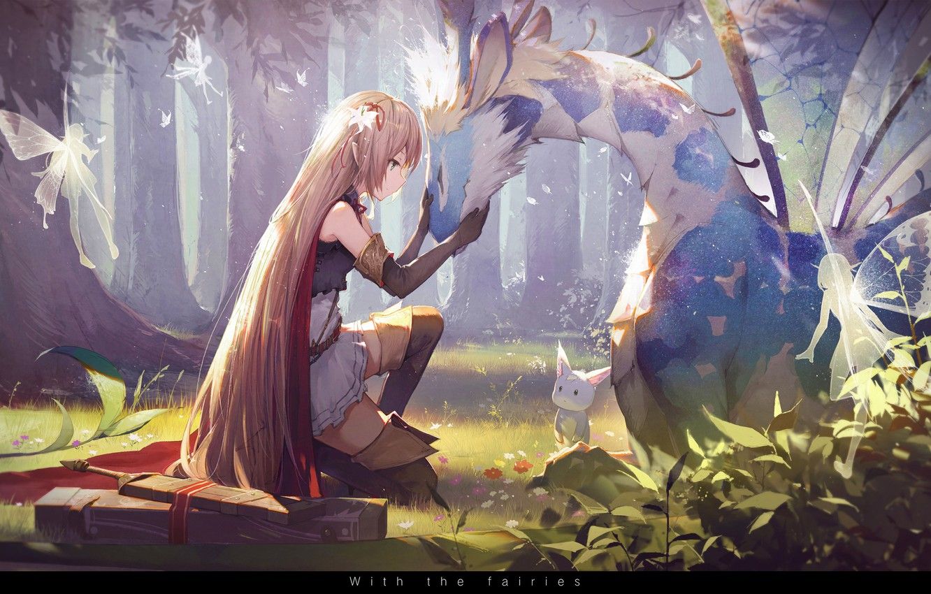 Wallpaper forest, animals, girl, trees, nature, weapons, magic