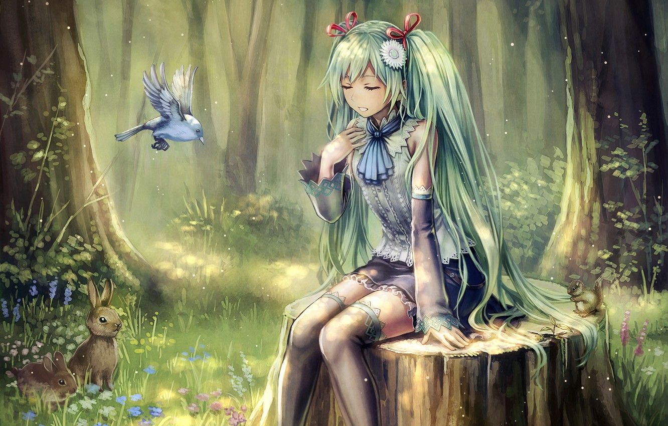 Wallpaper forest, girl, birds, animals, anime, Hatsune Miku