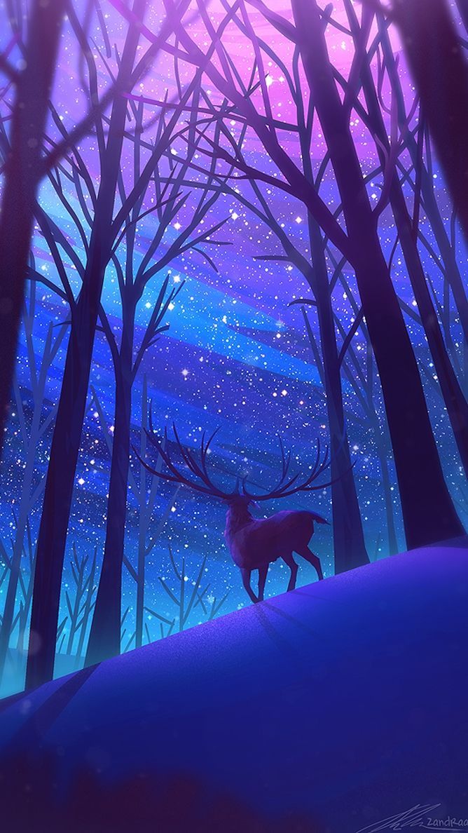 Reindeer Forest Night Stars Digital Art IPhone Wallpaper