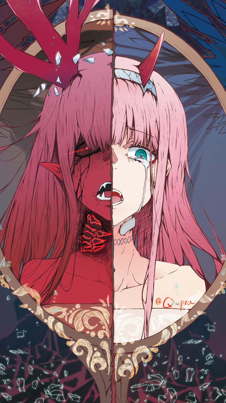 my favorite picture of Zero Two. works as a wallpaper as a plus