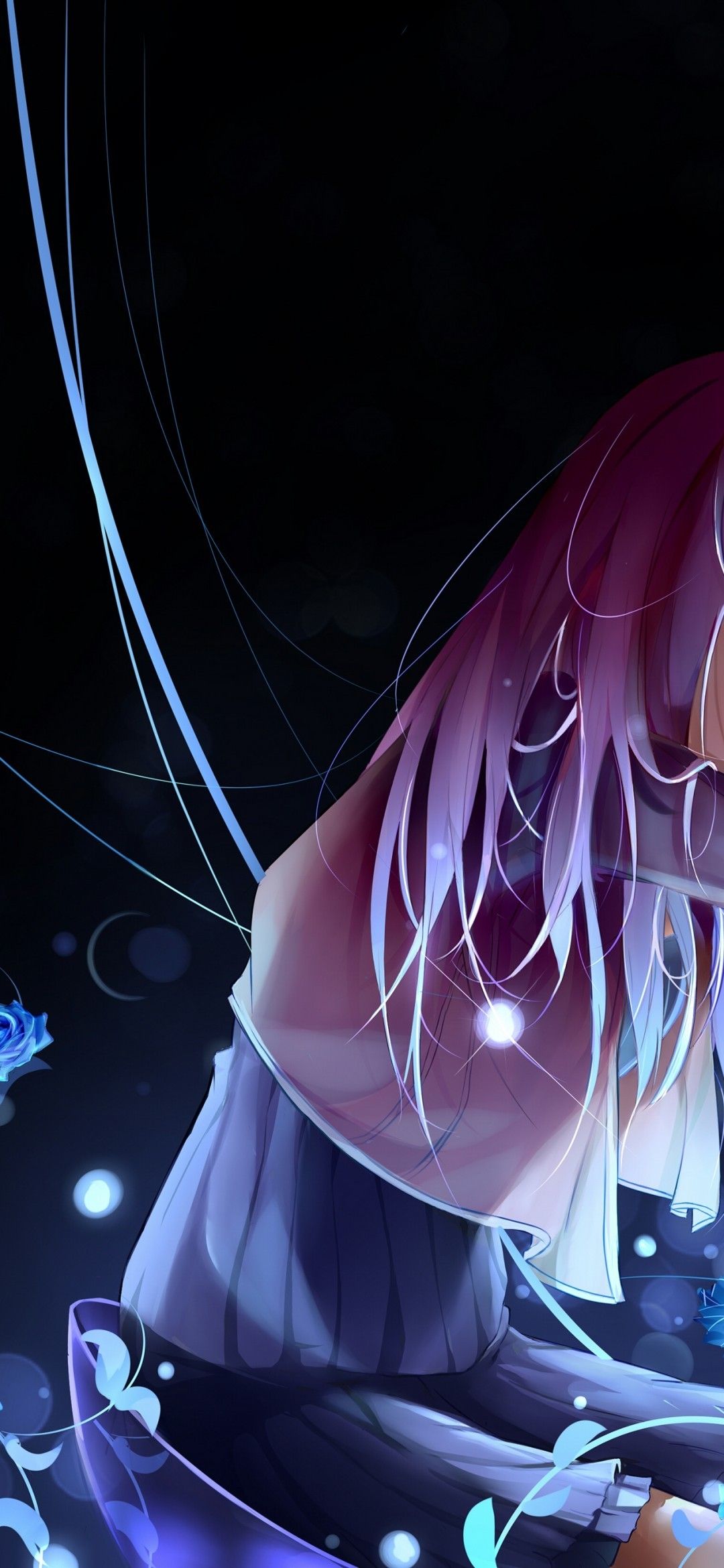 Download 1080x2340 Anime Girl, Pink Hair, Blue Rose Wallpaper