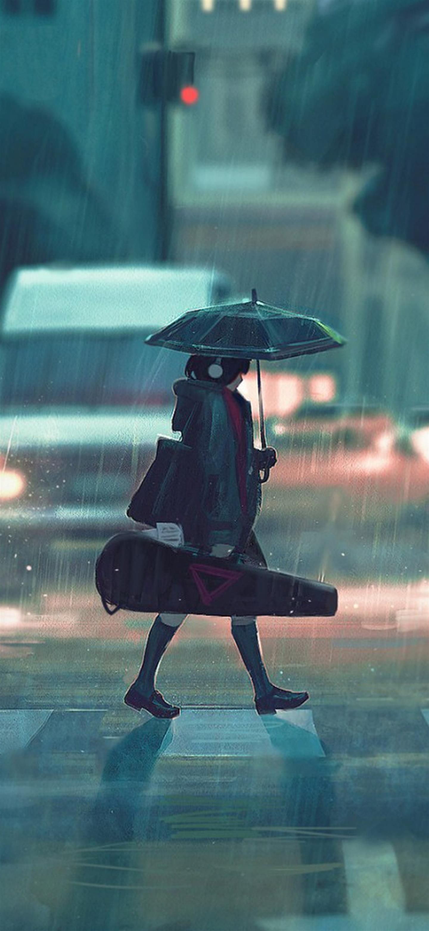 rainy day anime paint girl Phone Wallpaper Download