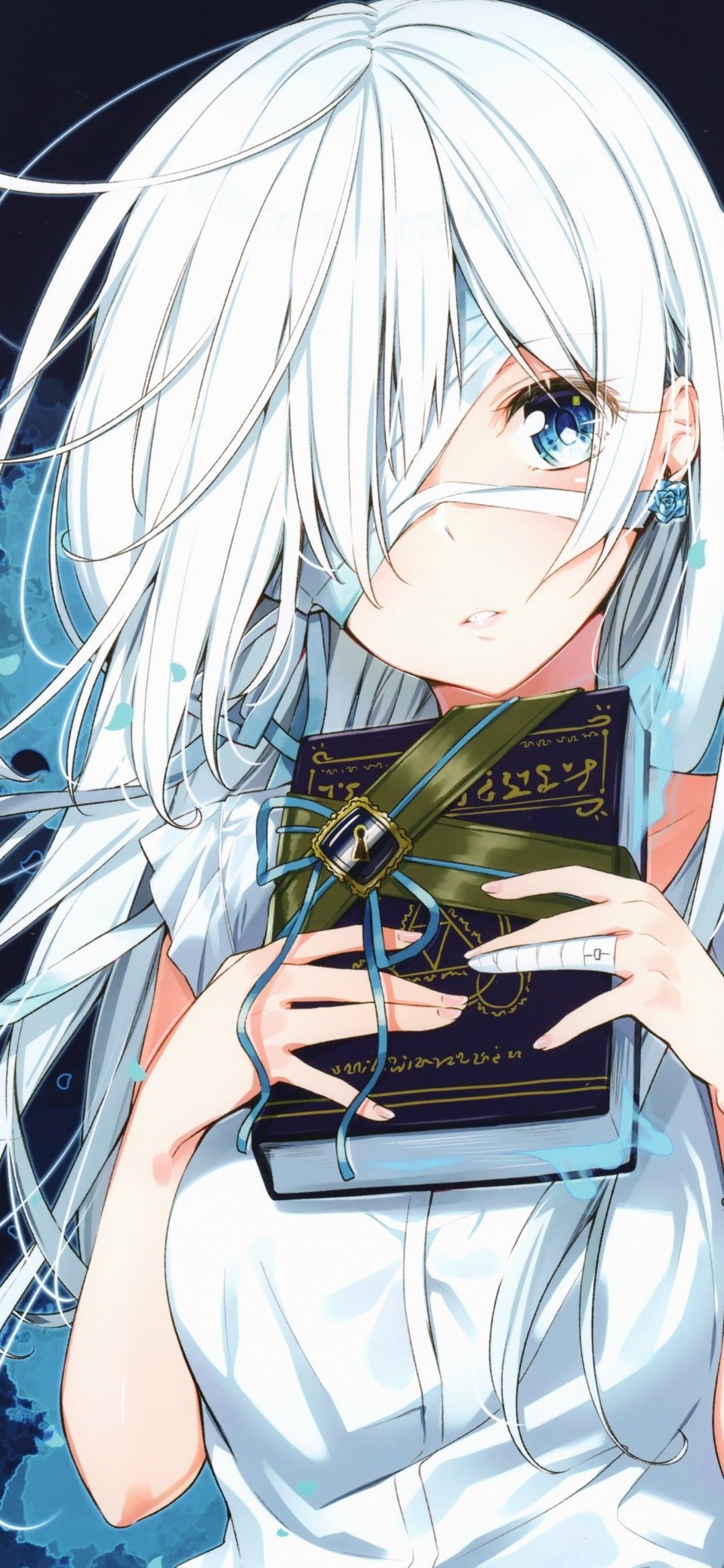 Download 1080x2340 Anime Girl, Bandage, White Hair, Blue Eye, Book