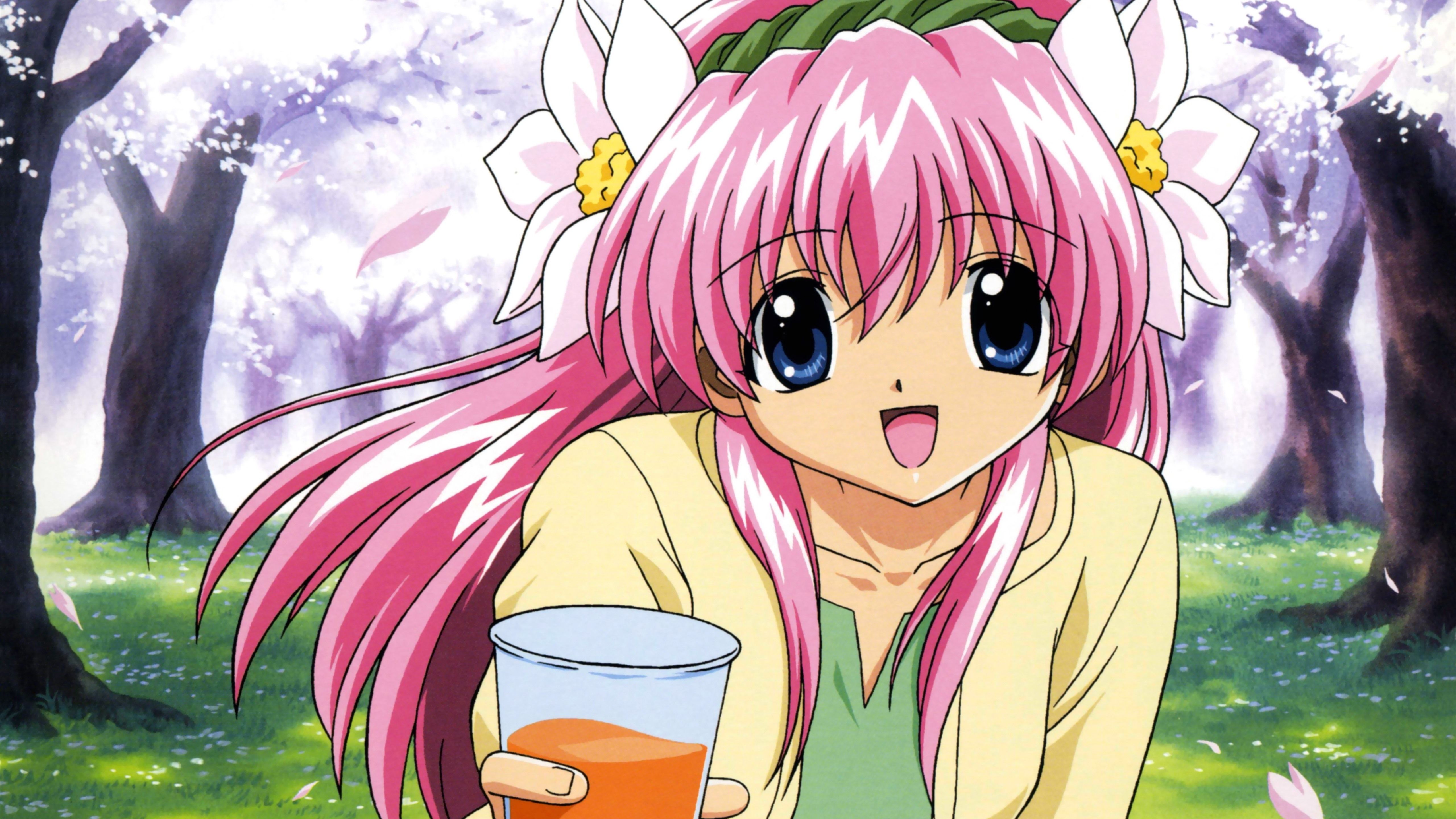 Wallpaper Galaxy Angel, happy anime girl, pink hair, drink