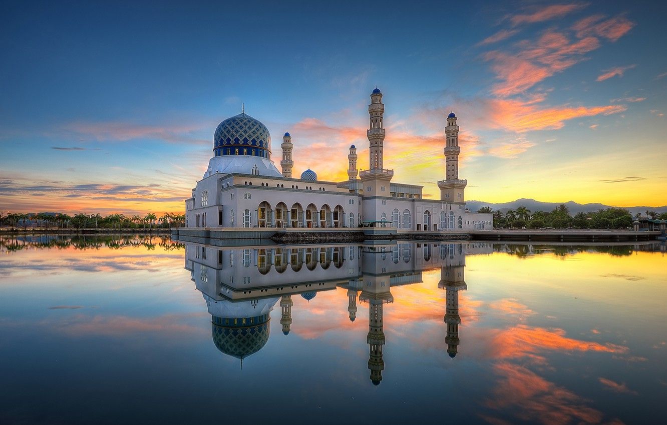 Wallpaper clouds, reflection, morning, mirror, Malaysia, Likas Bay