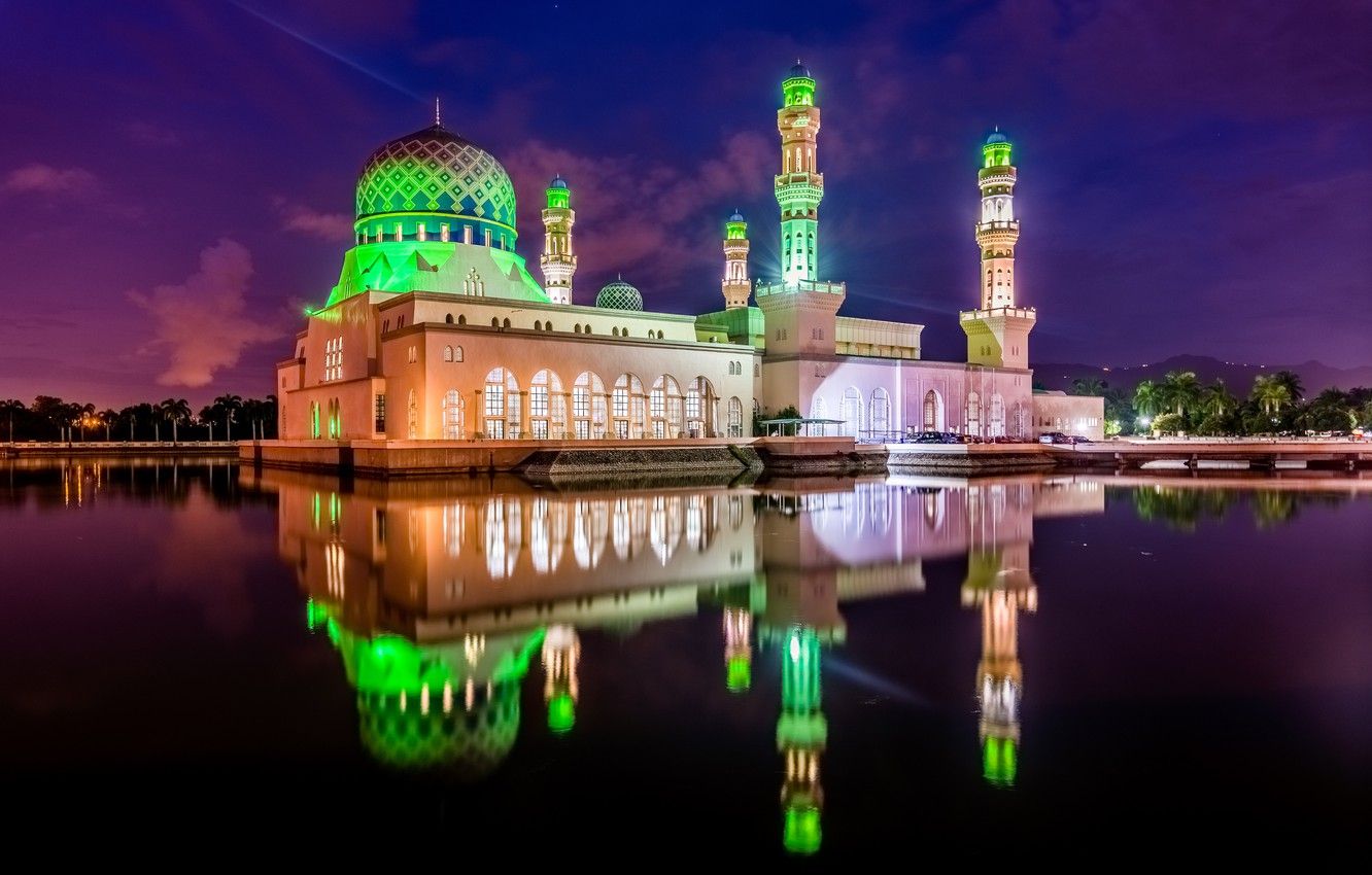 Wallpaper light, night, the city, reflection, mosque, Kota