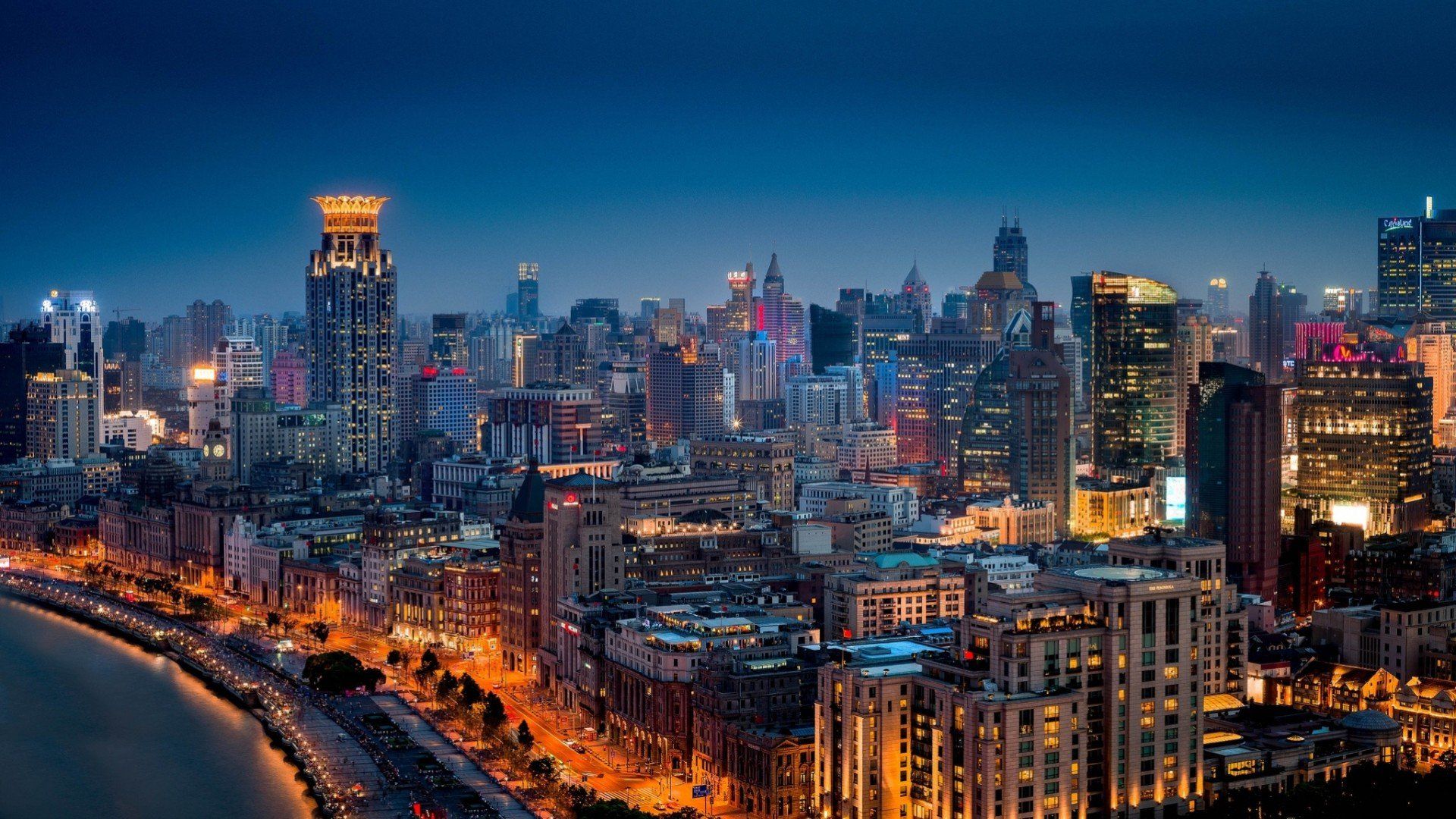 China Shanghai Panorama Building Huangpu Night City Bund