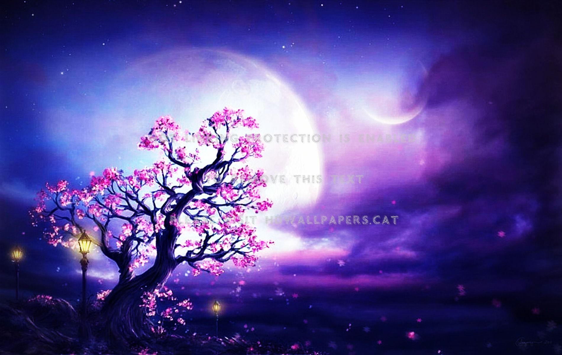 spring night fantasy art flower tree purple