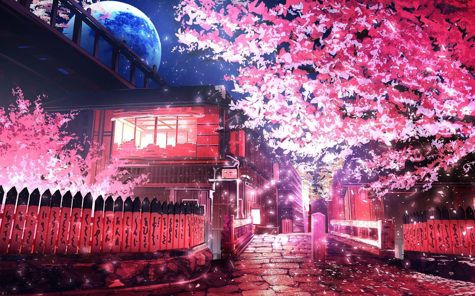 Download wallpaper japanese city, street, spring, night, sakura