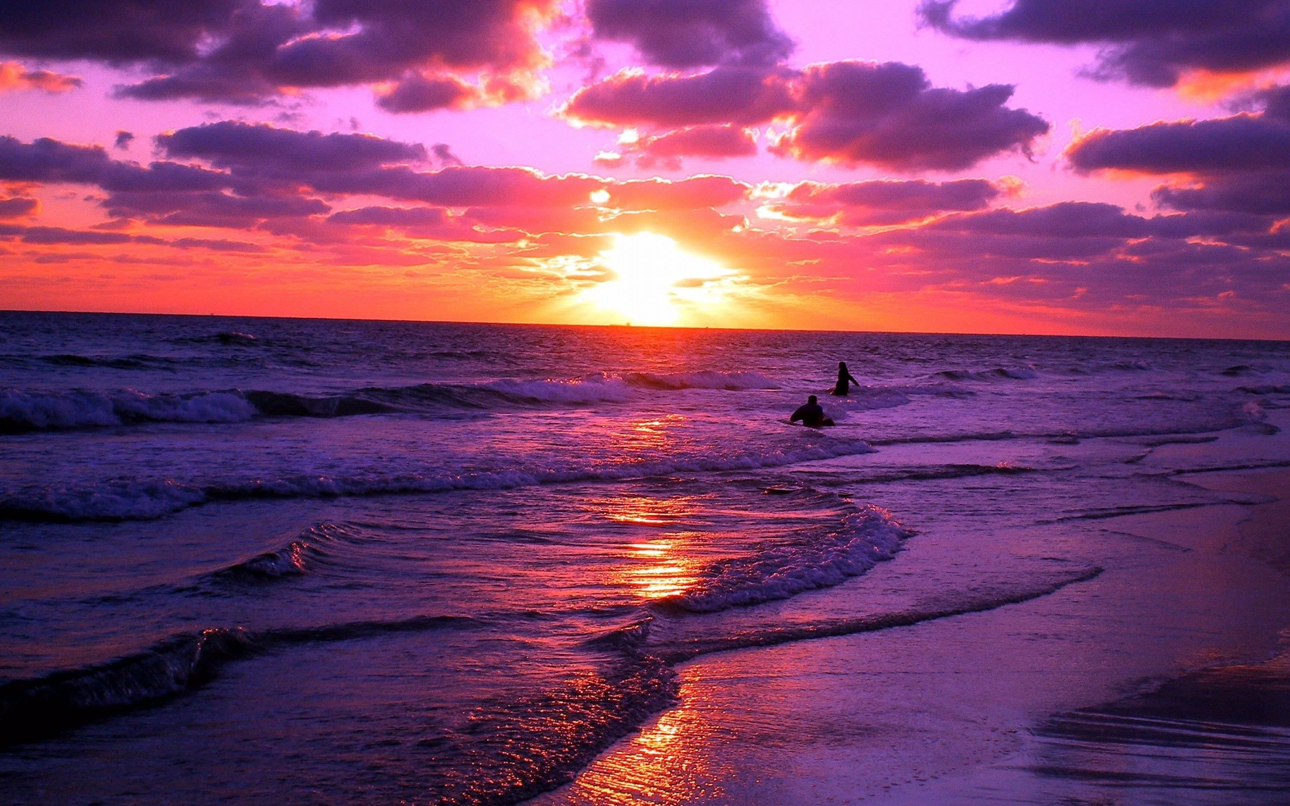 sunset, Landscape, Purple, Orange, Waves, Beach, Nature, Coast