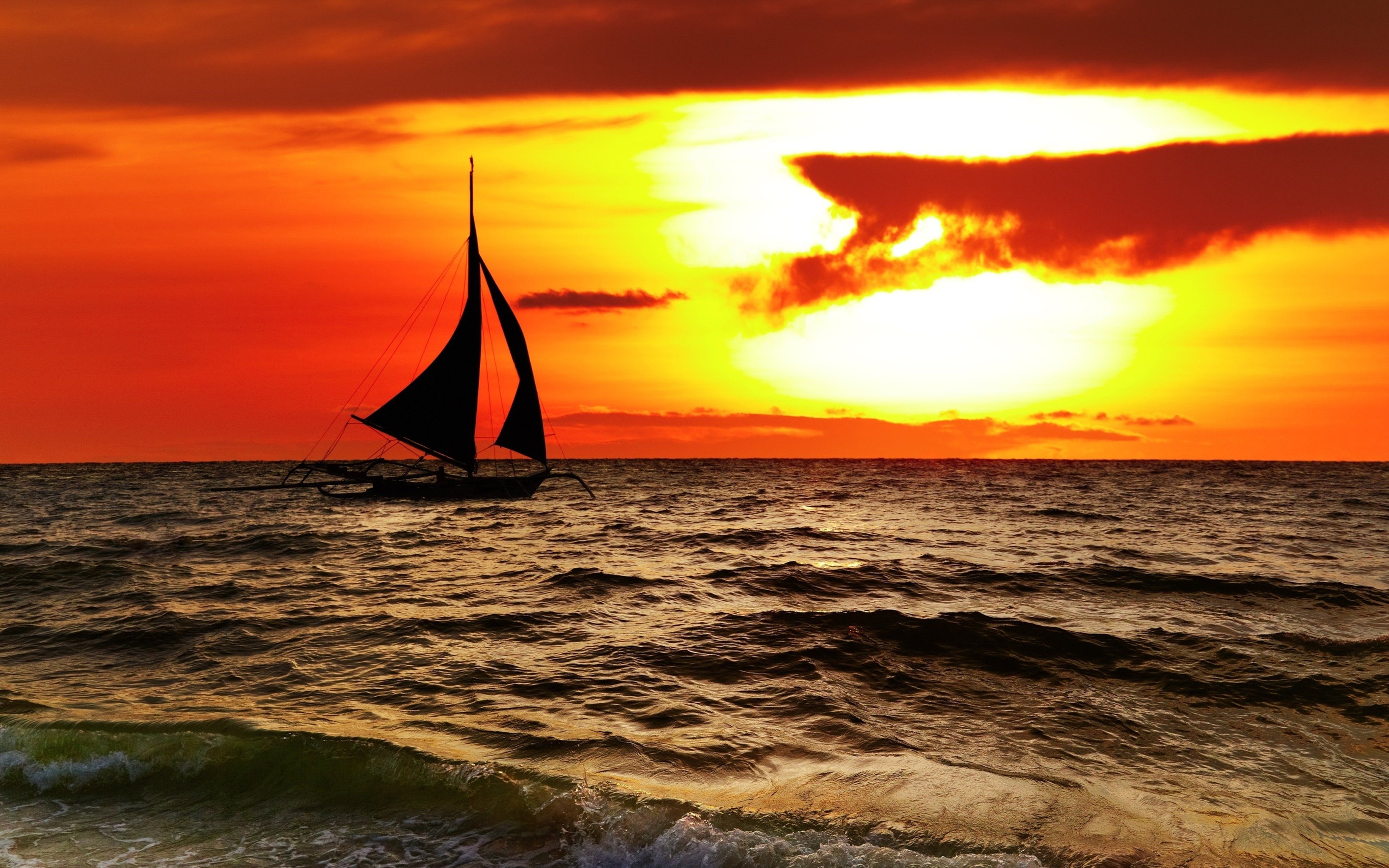 Sea ocean boat yacht sky clouds sunset orange landscapes nature