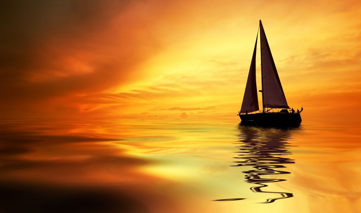 Sea ocean boat yacht sky clouds sunset orange landscapes nature