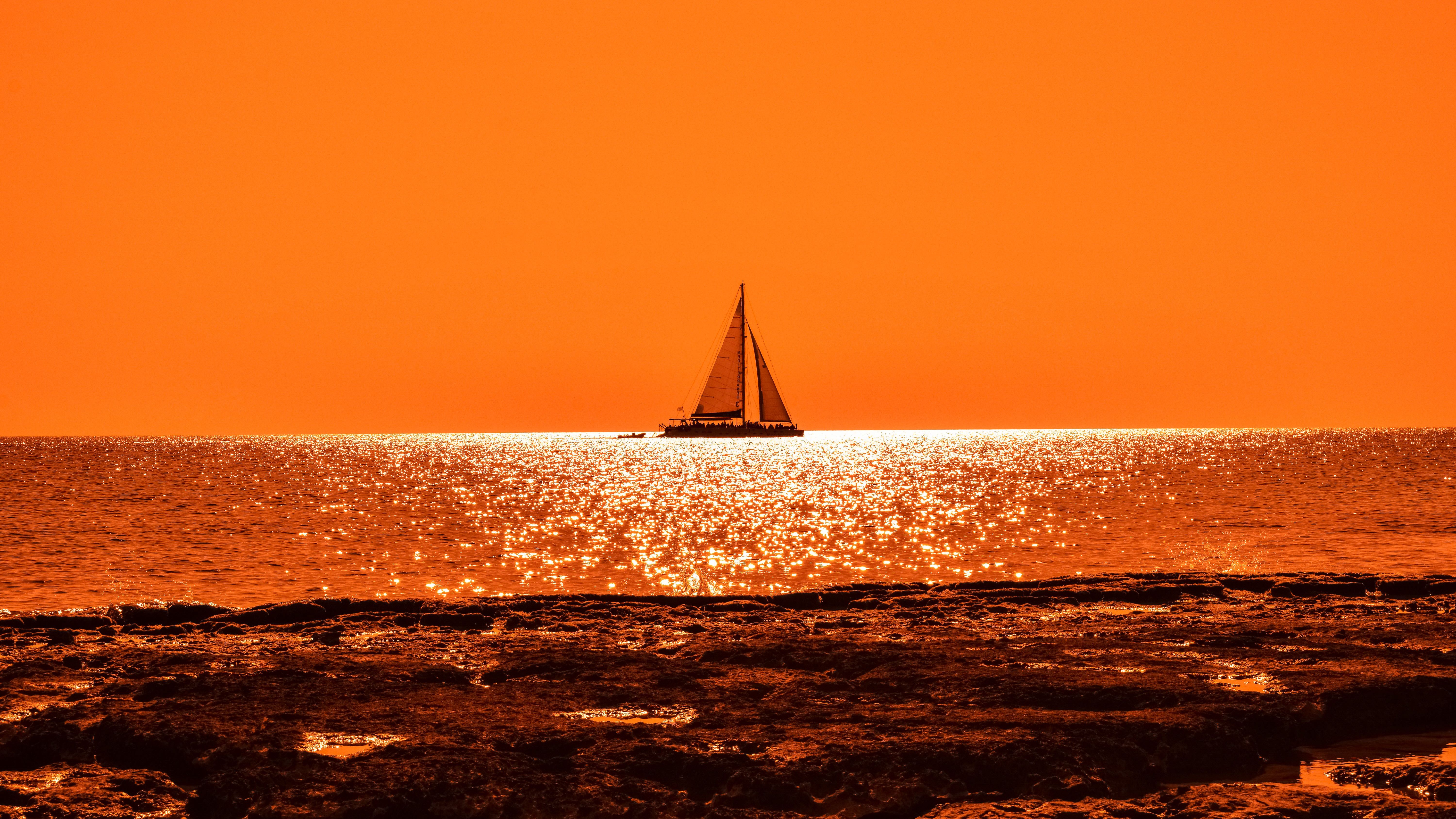 Sunset Boat Sail Orange Cloud And Sea Wallpaper, HD Nature 4K